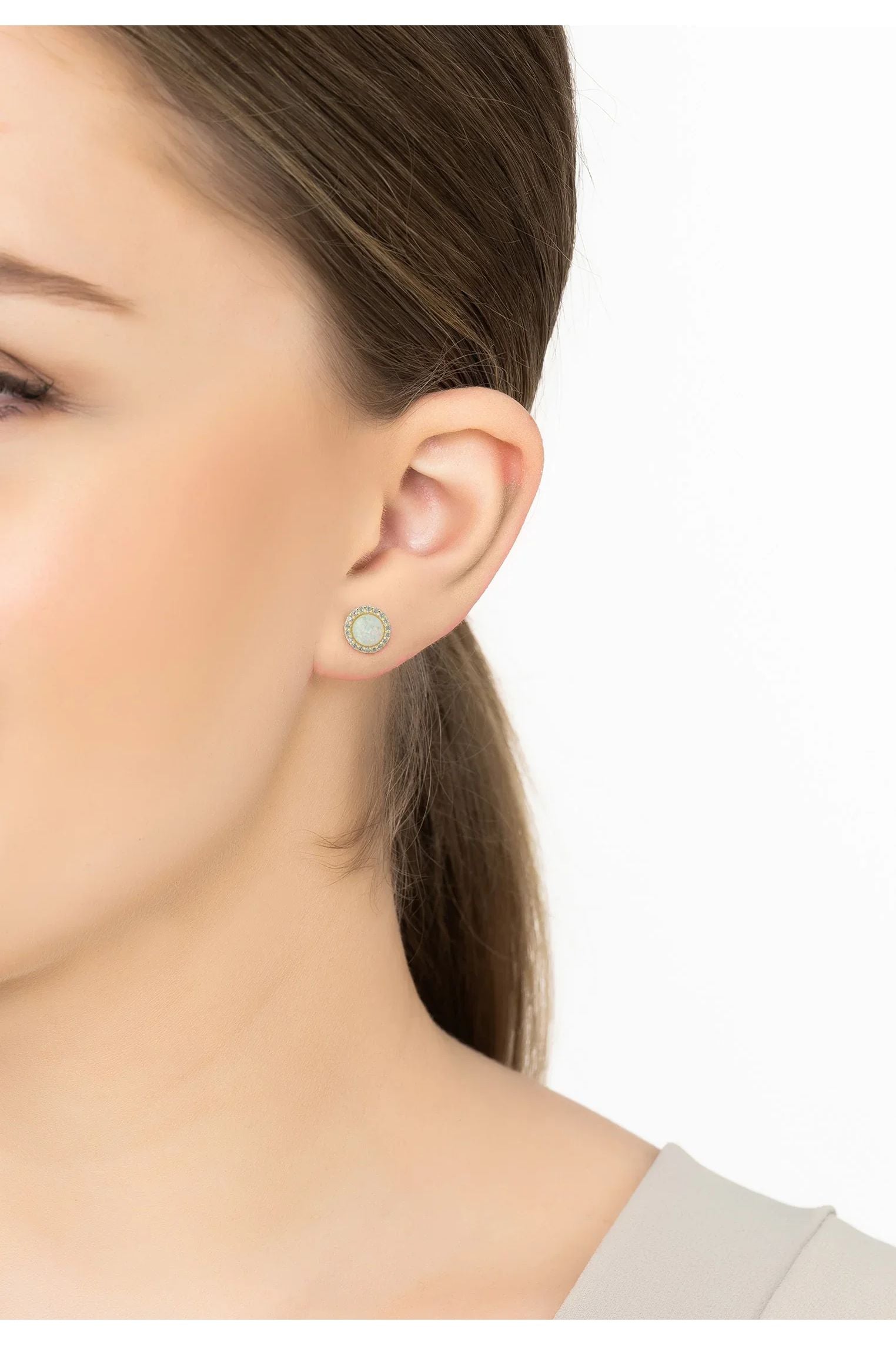 Small Sparkling Halo Opal Stud Earrings Gold