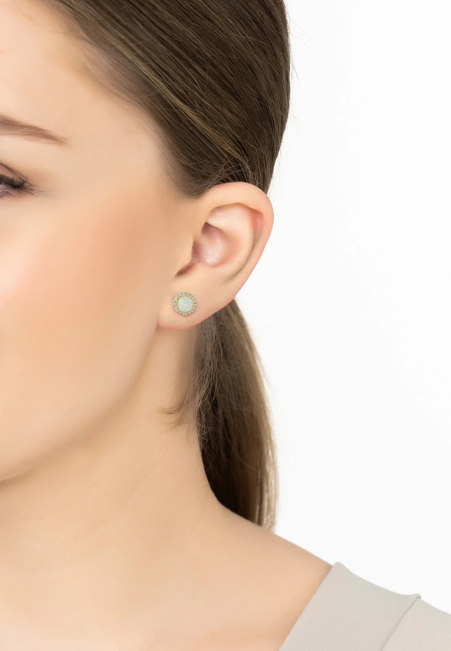 Small Sparkling Halo Opal Stud Earrings Gold