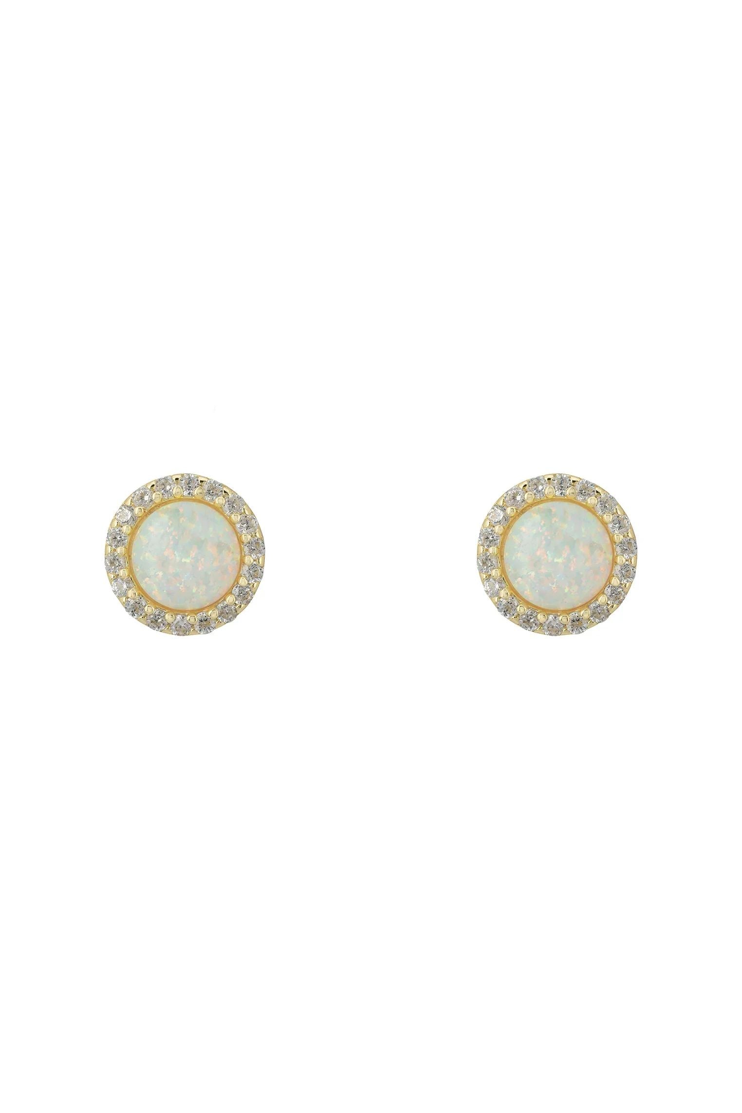 Small Sparkling Halo Opal Stud Earrings Gold