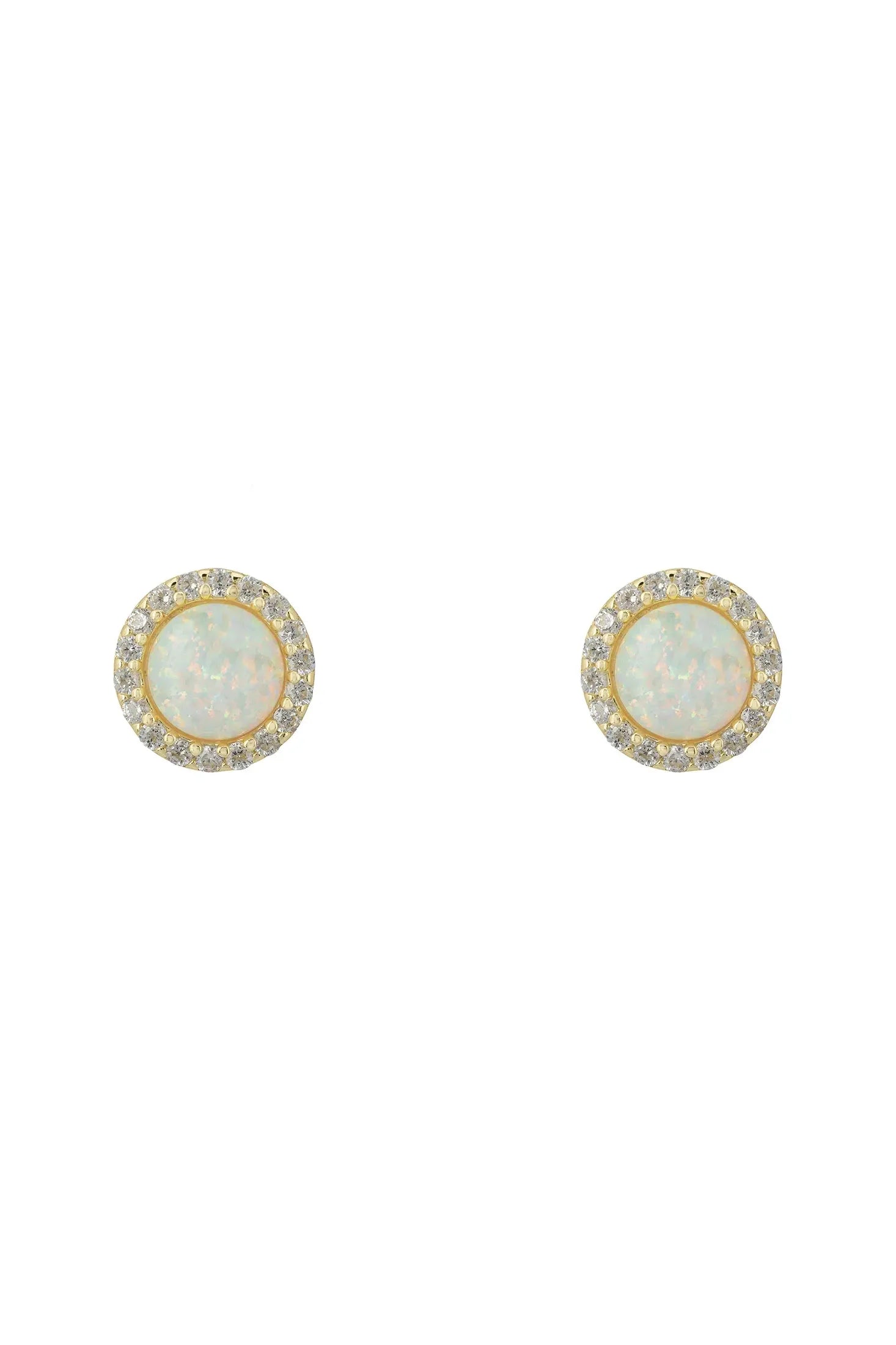 Front view of Small Sparkling Halo Opal Stud Earrings Gold, showing heart design, cubic zirconia and zirconia detailing, gold finish.