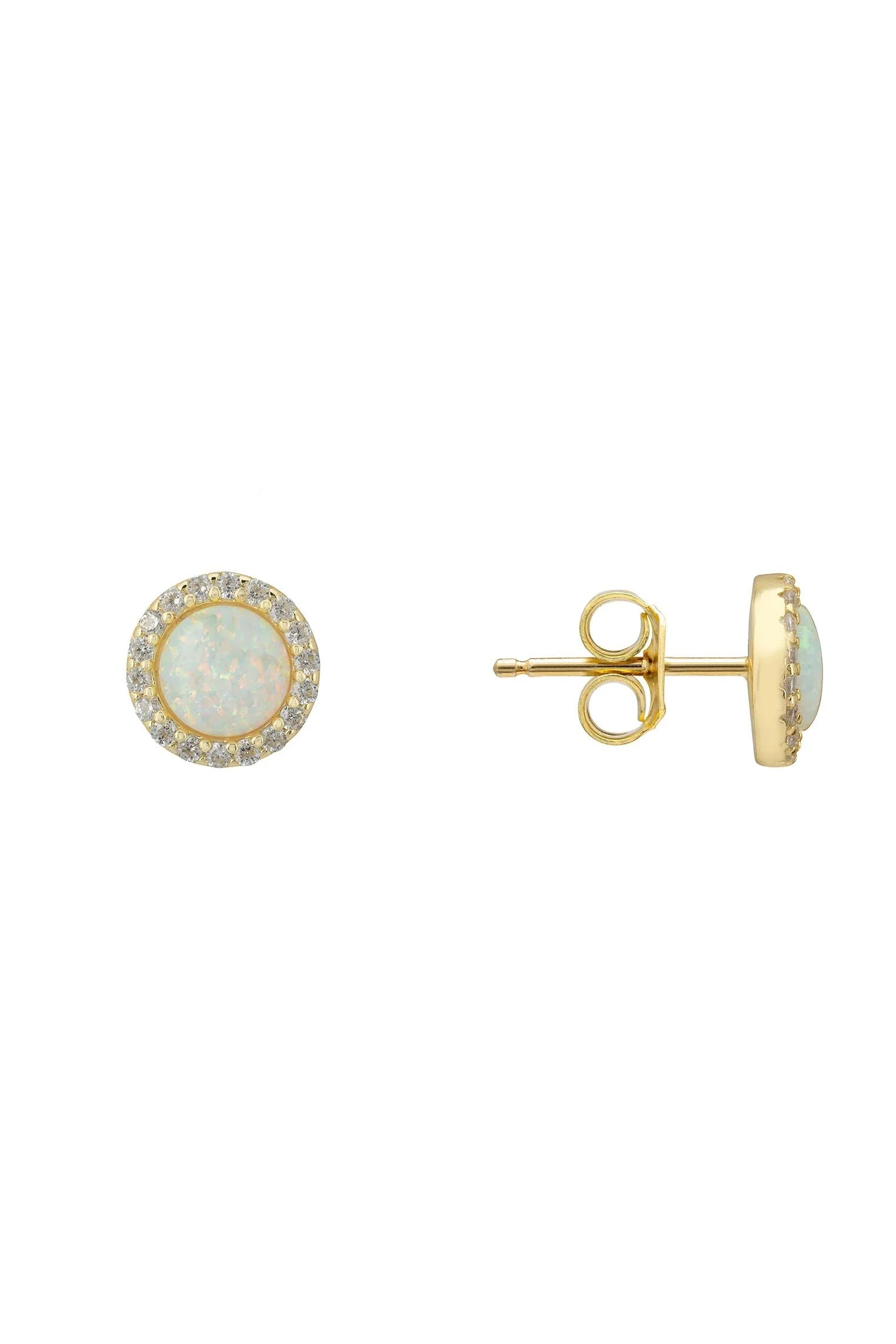 Small Sparkling Halo Opal Stud Earrings Gold