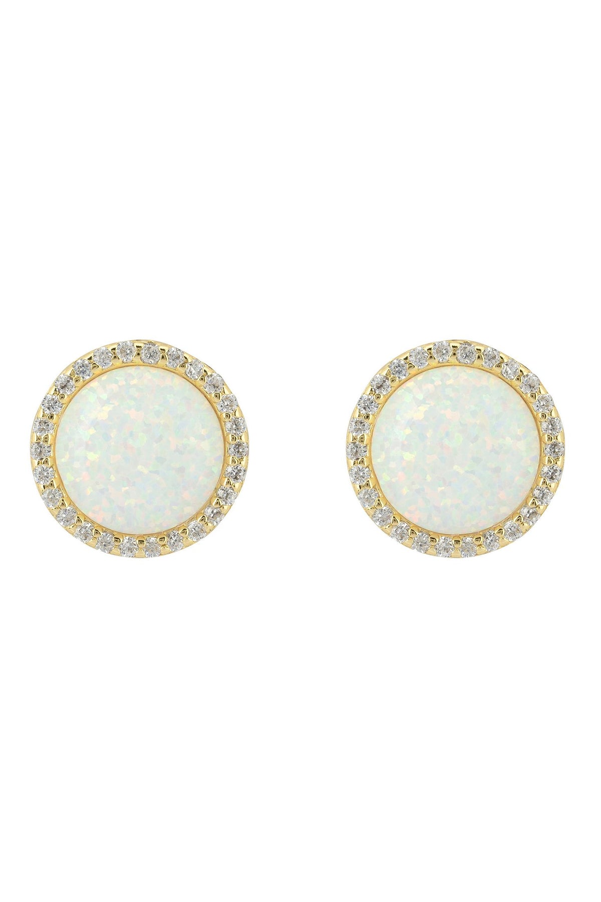 Front view of Large Sparkling Halo Opal Stud Earrings Gold, showing heart design, cubic zirconia and zirconia detailing, gold finish.