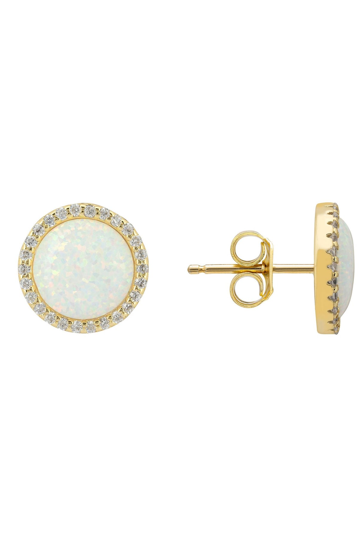 Angled view of Large Sparkling Halo Opal Stud Earrings Gold, showing gold finish and the jewellery profile.