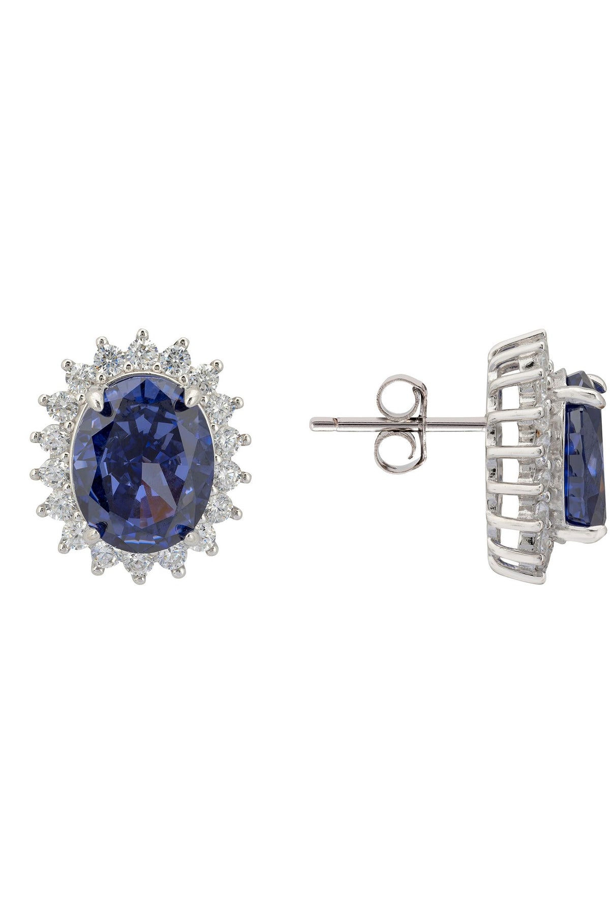 Angled view of Tatiana Oval Tanzanite Stud Earrings Silver, showing tanzanite detailing, silver finish and the jewellery profile.
