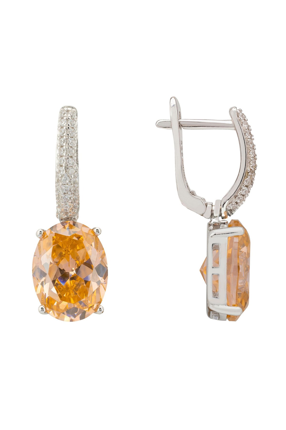 Angled view of Alexandra Oval Drop Earrings Silver Peach Quartz, showing silver finish and the jewellery profile.