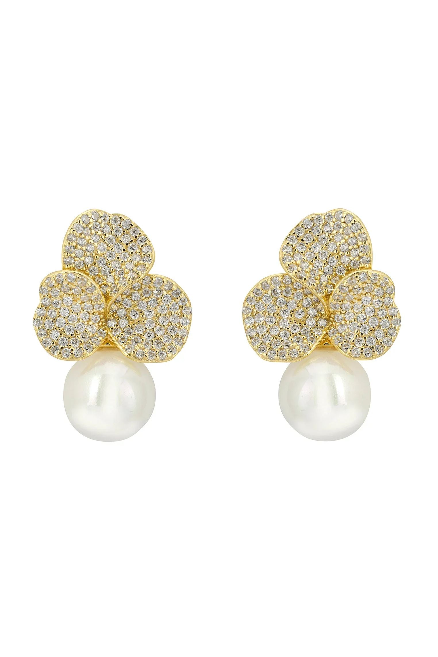 Iris Flower And Pearl Dangle Earrings Gold