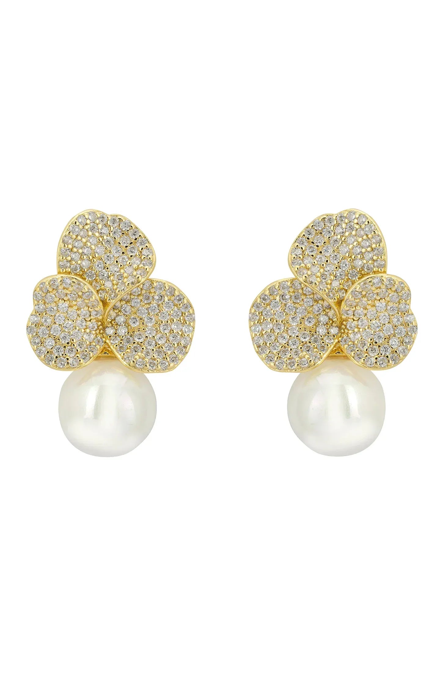 Front view of Iris Flower And Pearl Dangle Earrings Gold, showing flower design, cubic zirconia and zirconia detailing, gold finish.