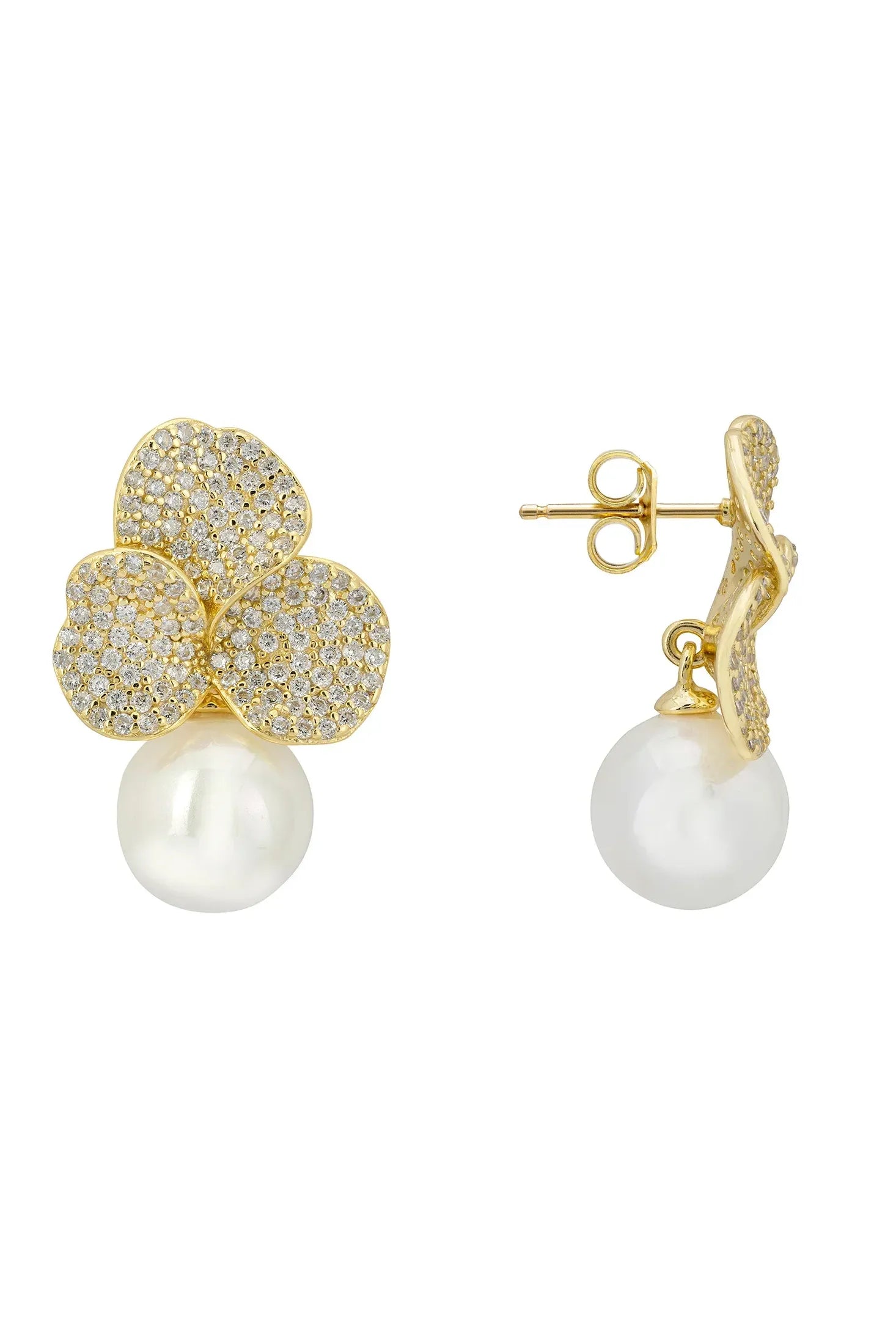 Angled view of Iris Flower And Pearl Dangle Earrings Gold, showing flower design, pearl detailing, gold finish and the jewellery profile.