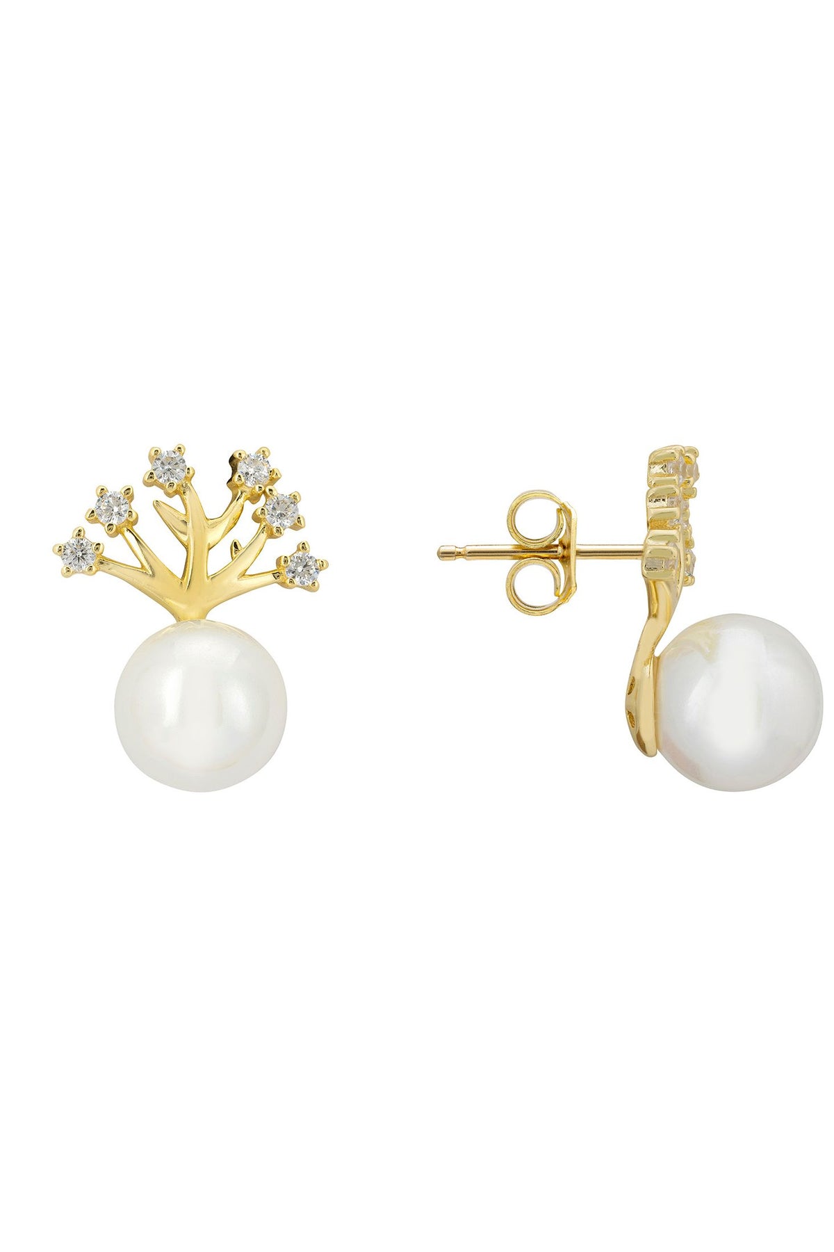 Angled view of Willow And Pearl Earrings Gold, showing pearl detailing, gold finish and the jewellery profile.