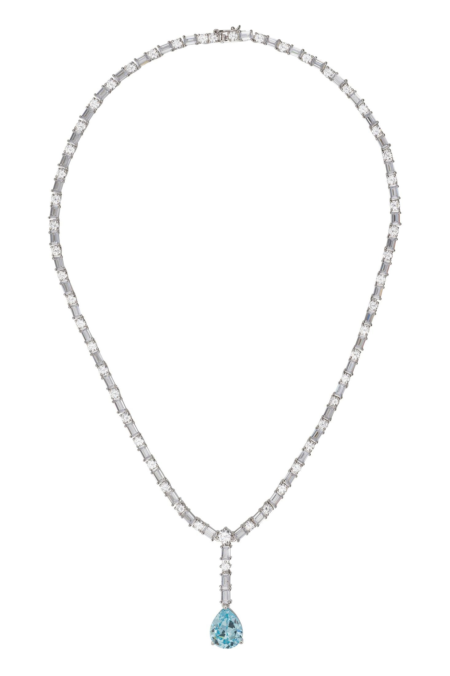 Angled view of Claudette Statement Necklace Silver Blue Topaz, showing blue topaz detailing, silver finish and the jewellery profile.