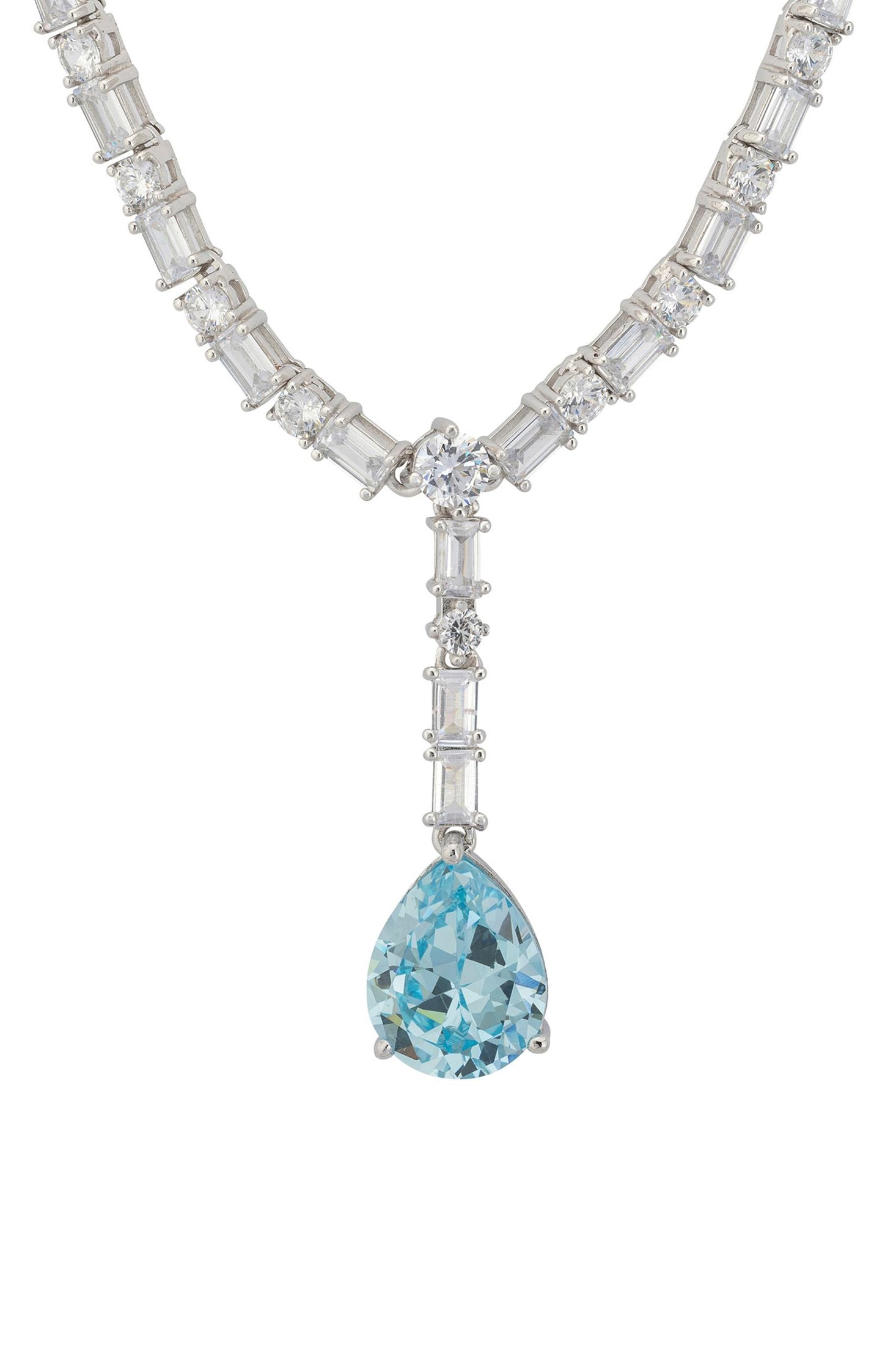 Front view of Claudette Statement Necklace Silver Blue Topaz, showing cat design, blue topaz detailing, silver finish.
