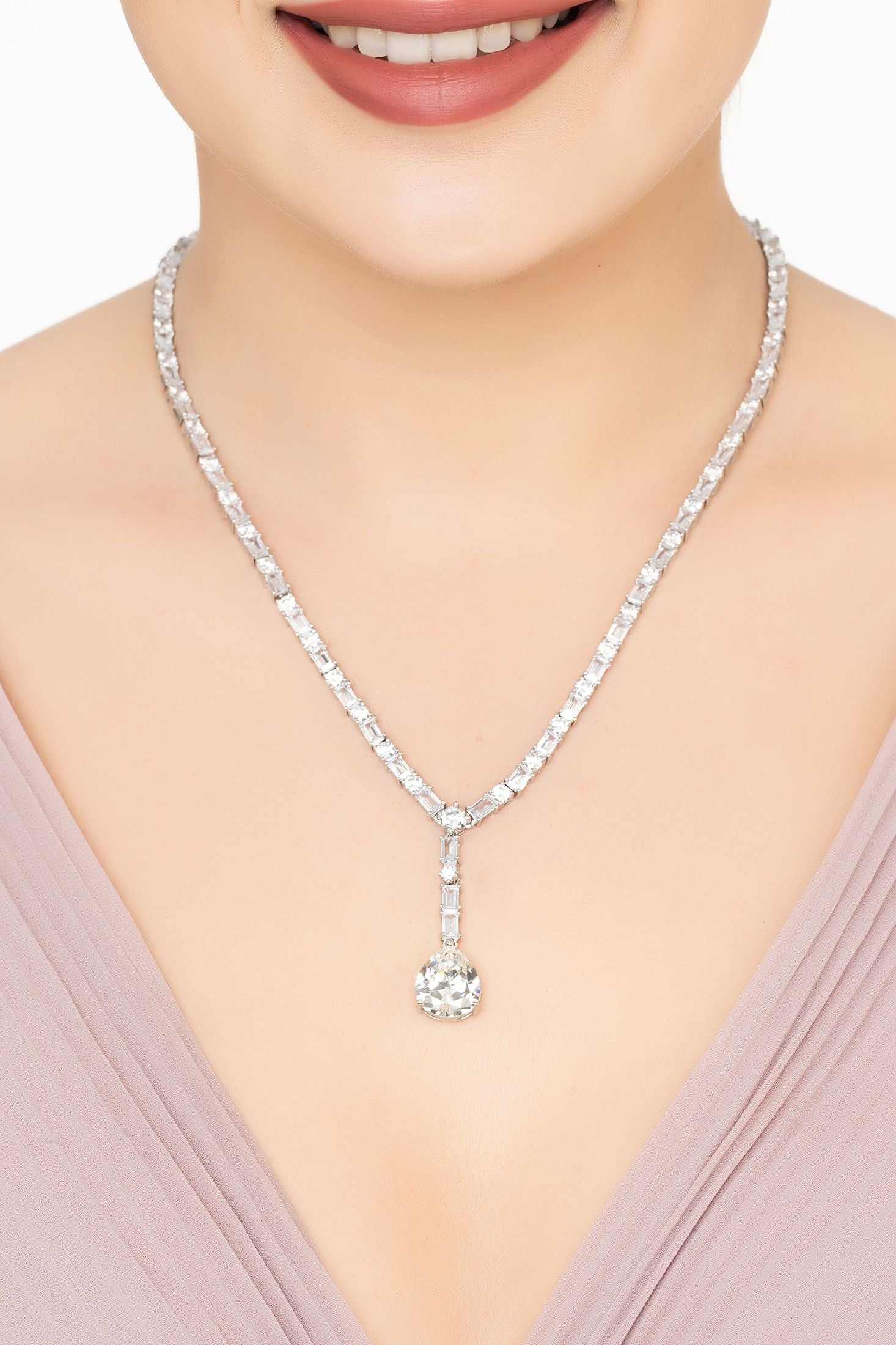 Angled view of Claudette Statement Necklace Silver Moissanite, showing silver finish and the jewellery profile.