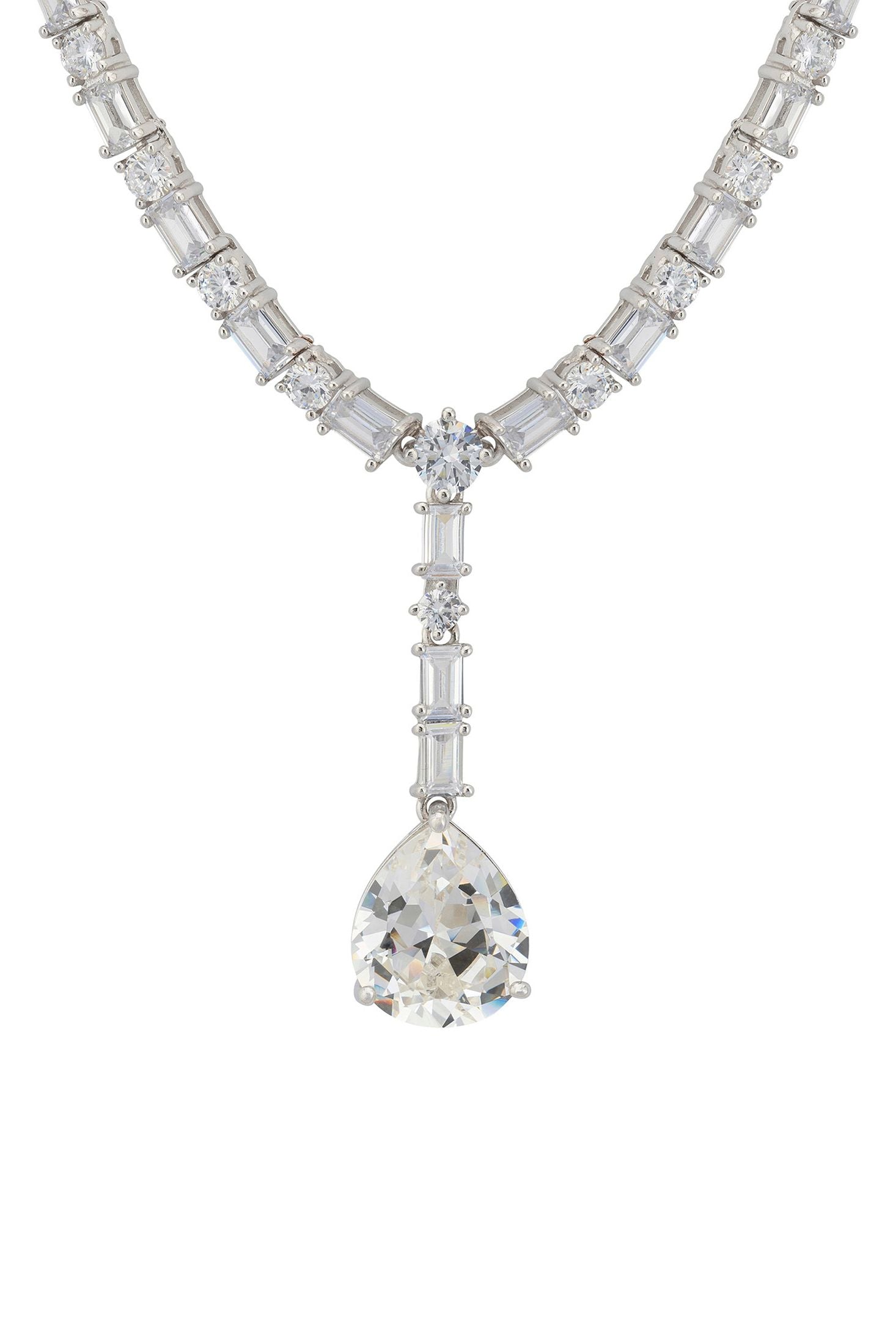 Front view of Claudette Statement Necklace Silver Moissanite, showing cat design, silver finish.