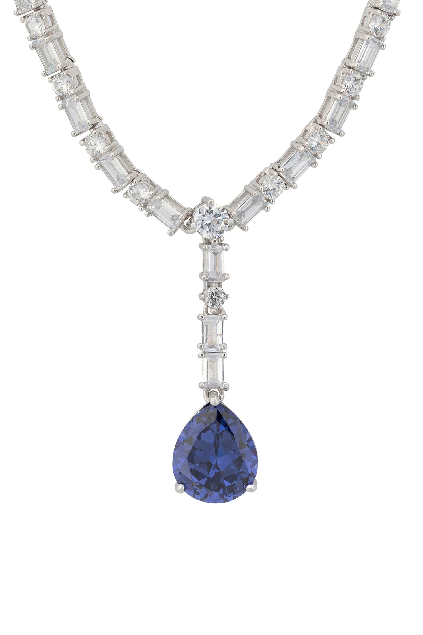 Front view of Claudette Statement Necklace Silver Tanzanite, showing cat design, tanzanite detailing, silver finish.