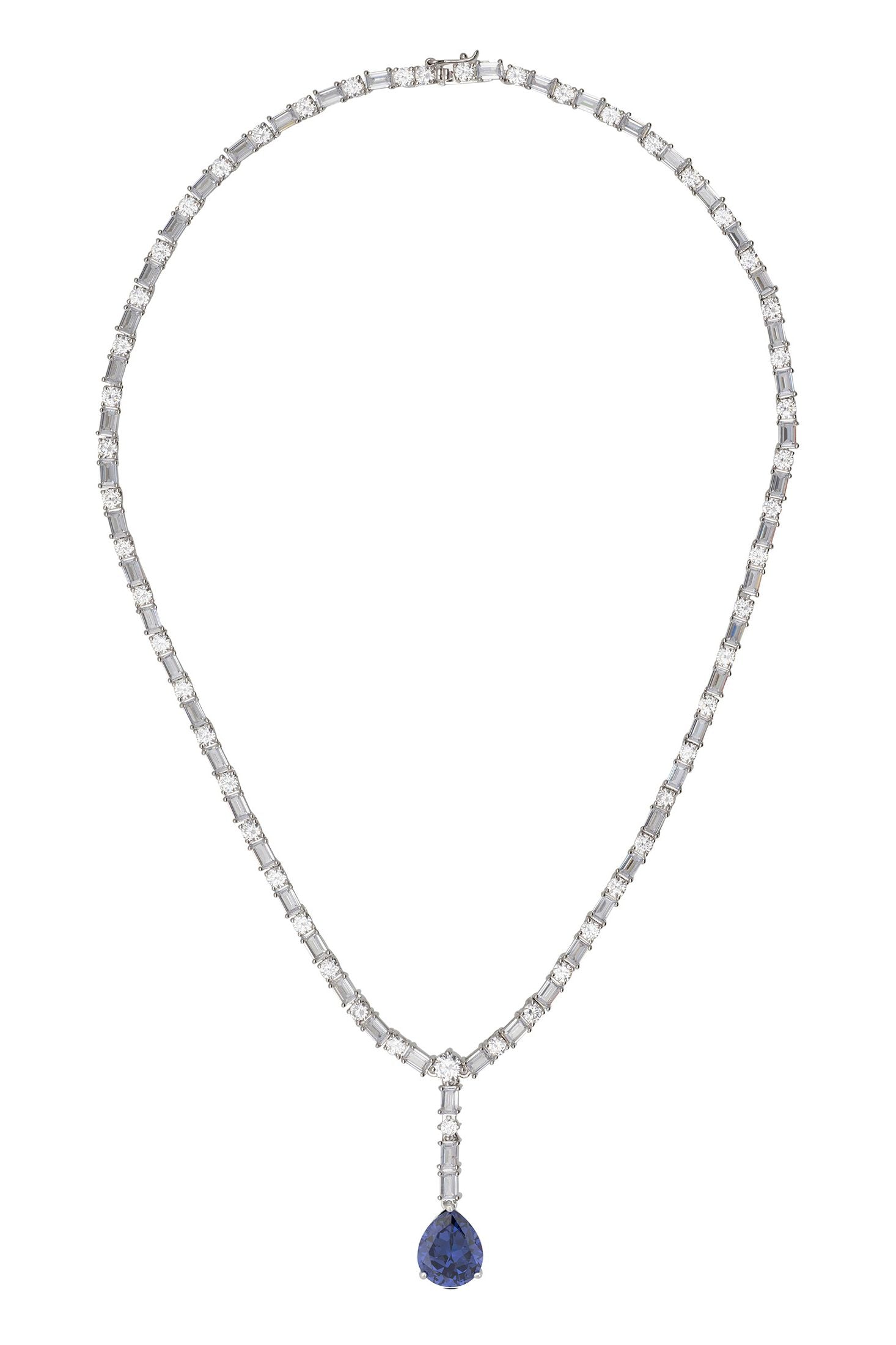 Angled view of Claudette Statement Necklace Silver Tanzanite, showing tanzanite detailing, silver finish and the jewellery profile.
