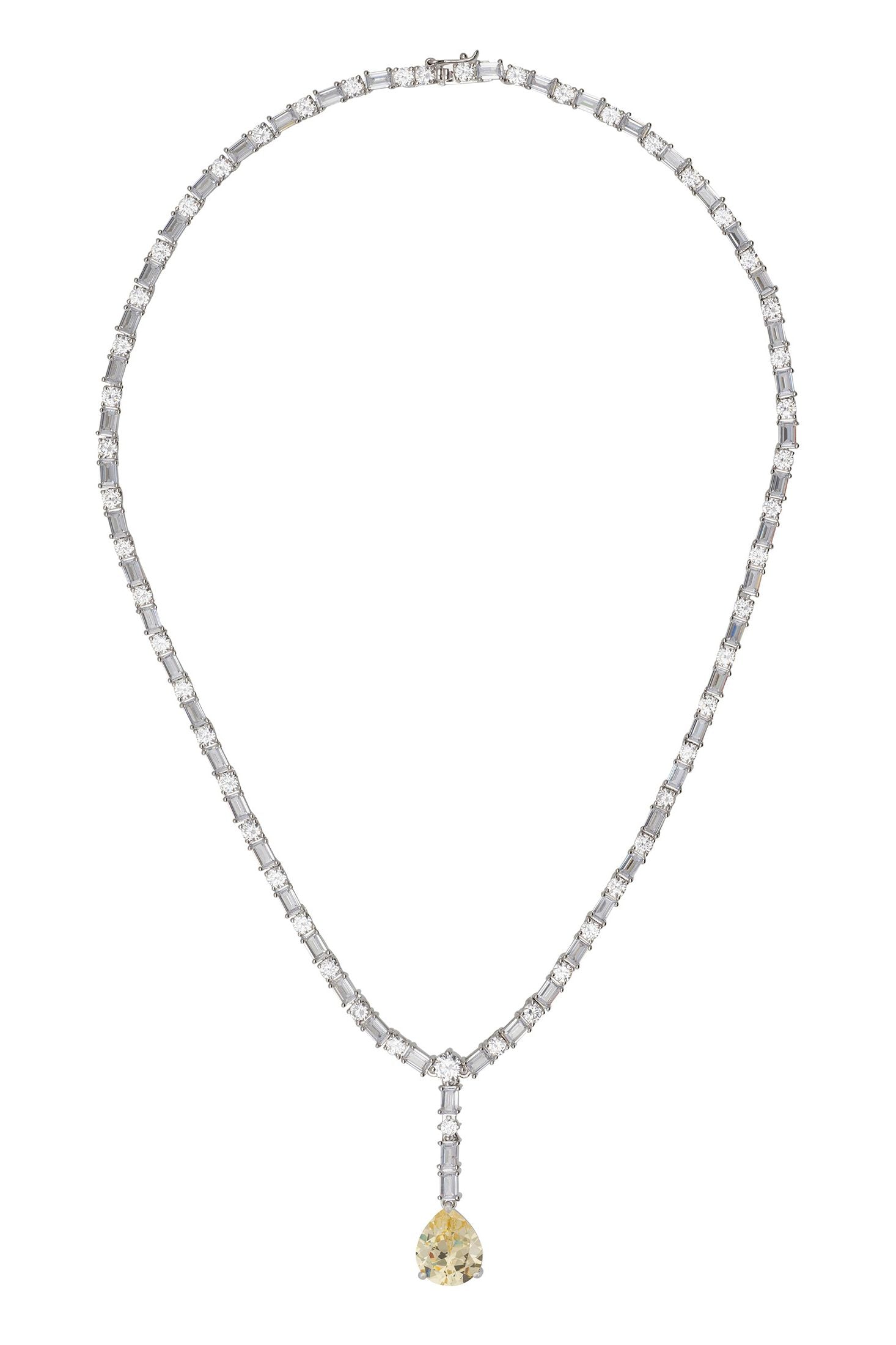 Angled view of Claudette Statement Necklace Silver Yellow Topaz, showing silver finish and the jewellery profile.