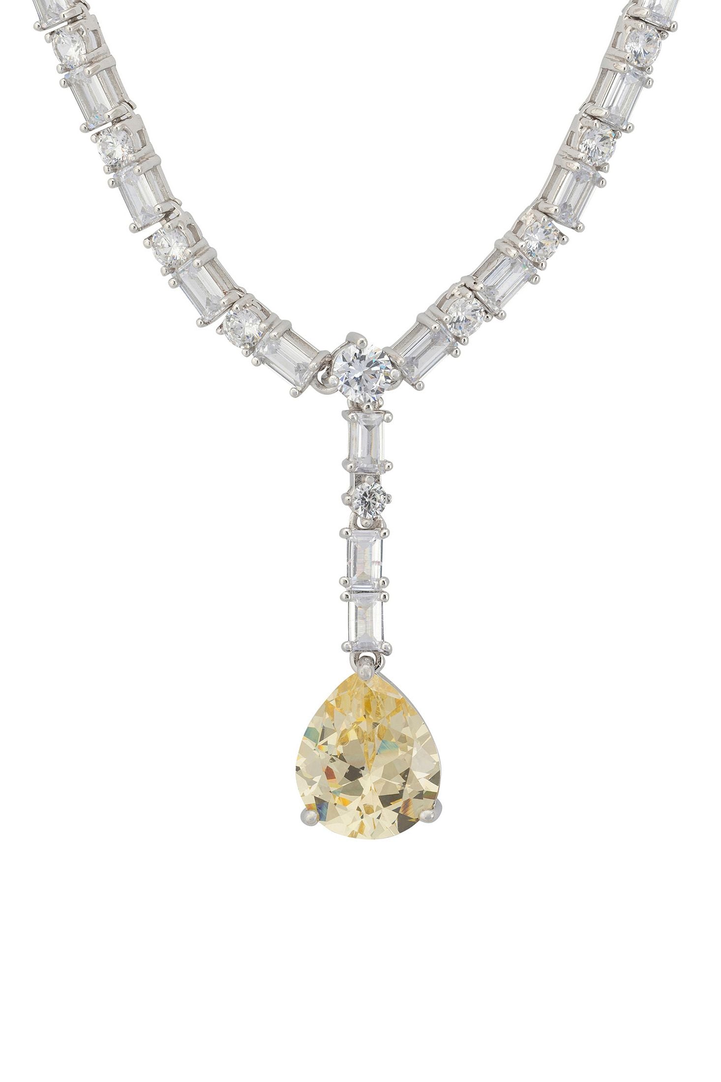 Front view of Claudette Statement Necklace Silver Yellow Topaz, showing cat design, silver finish.
