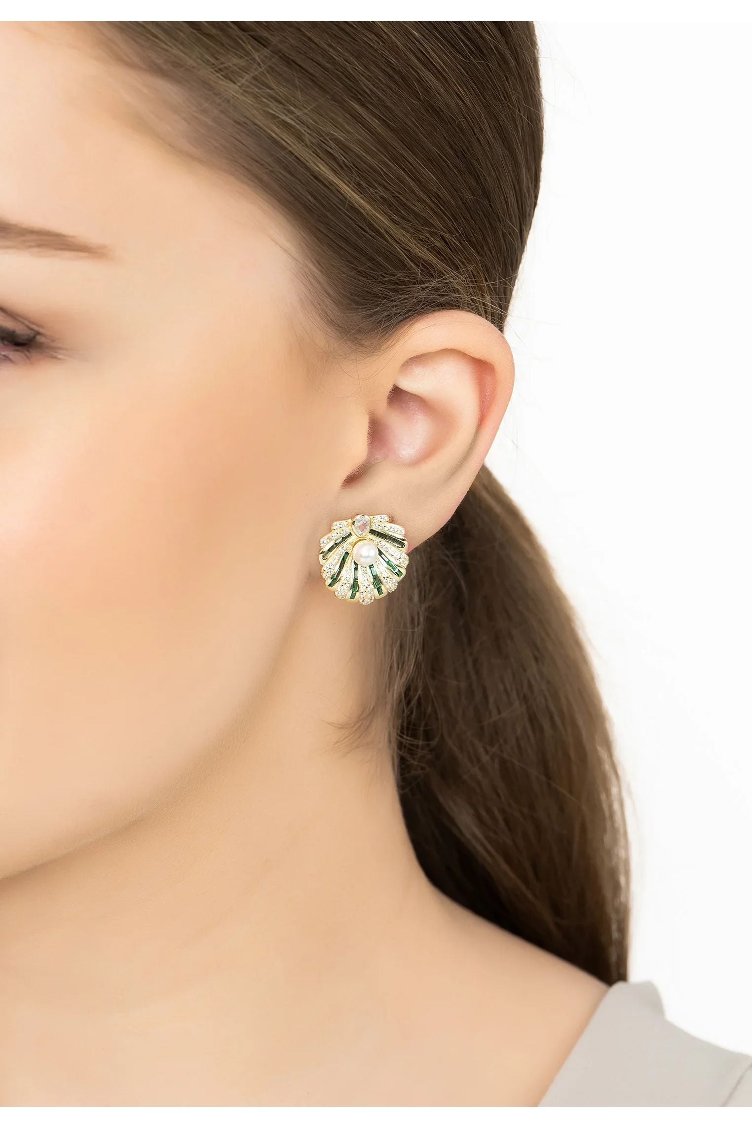 Art Deco Scallop Shell Earrings Emerald Green With Pearl Gold
