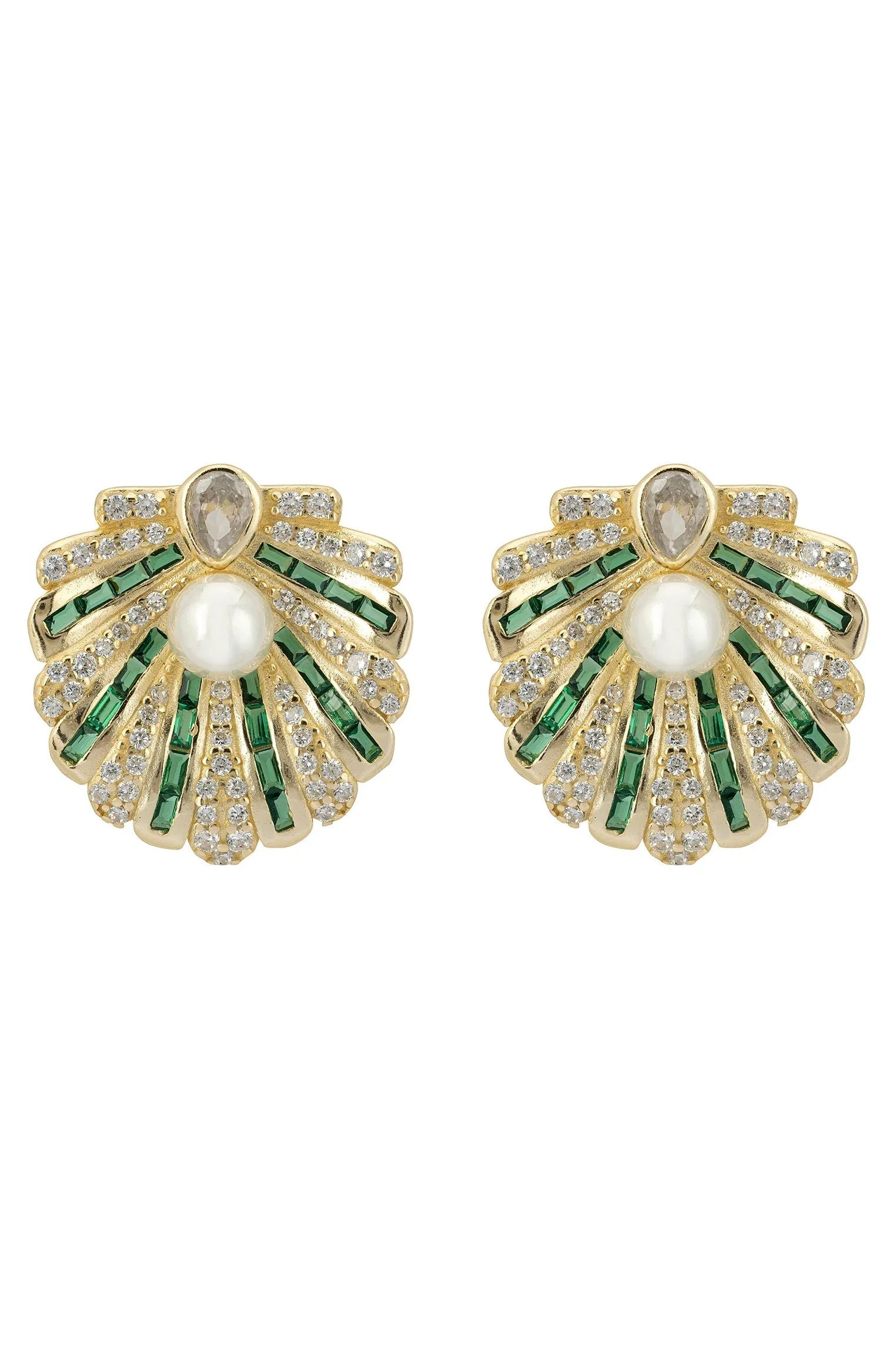 Art Deco Scallop Shell Earrings Emerald Green With Pearl Gold