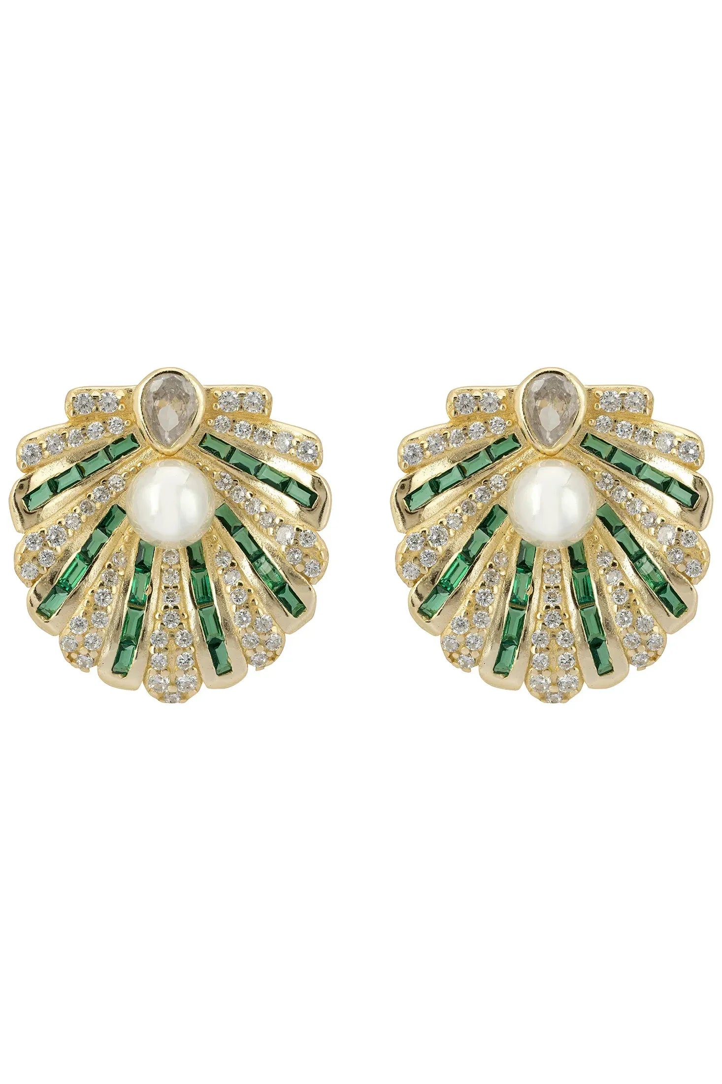 Front view of Art Deco Scallop Shell Earrings Emerald Green With Pearl Gold, showing star design, cubic zirconia and zirconia detailing, gold finish.