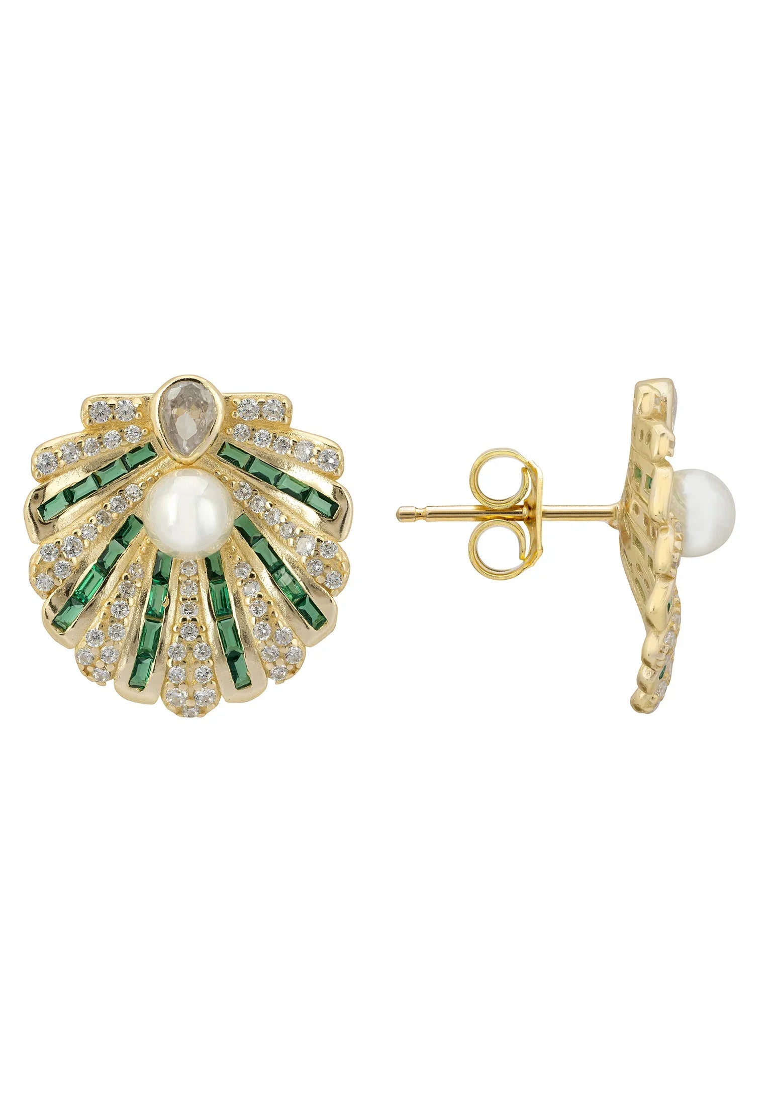 Art Deco Scallop Shell Earrings Emerald Green With Pearl Gold