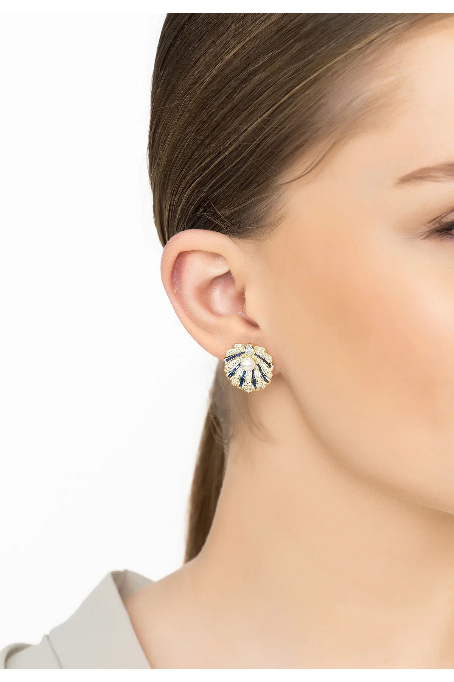 Art Deco Scallop Shell Earrings Sapphire Blue With Pearl Gold