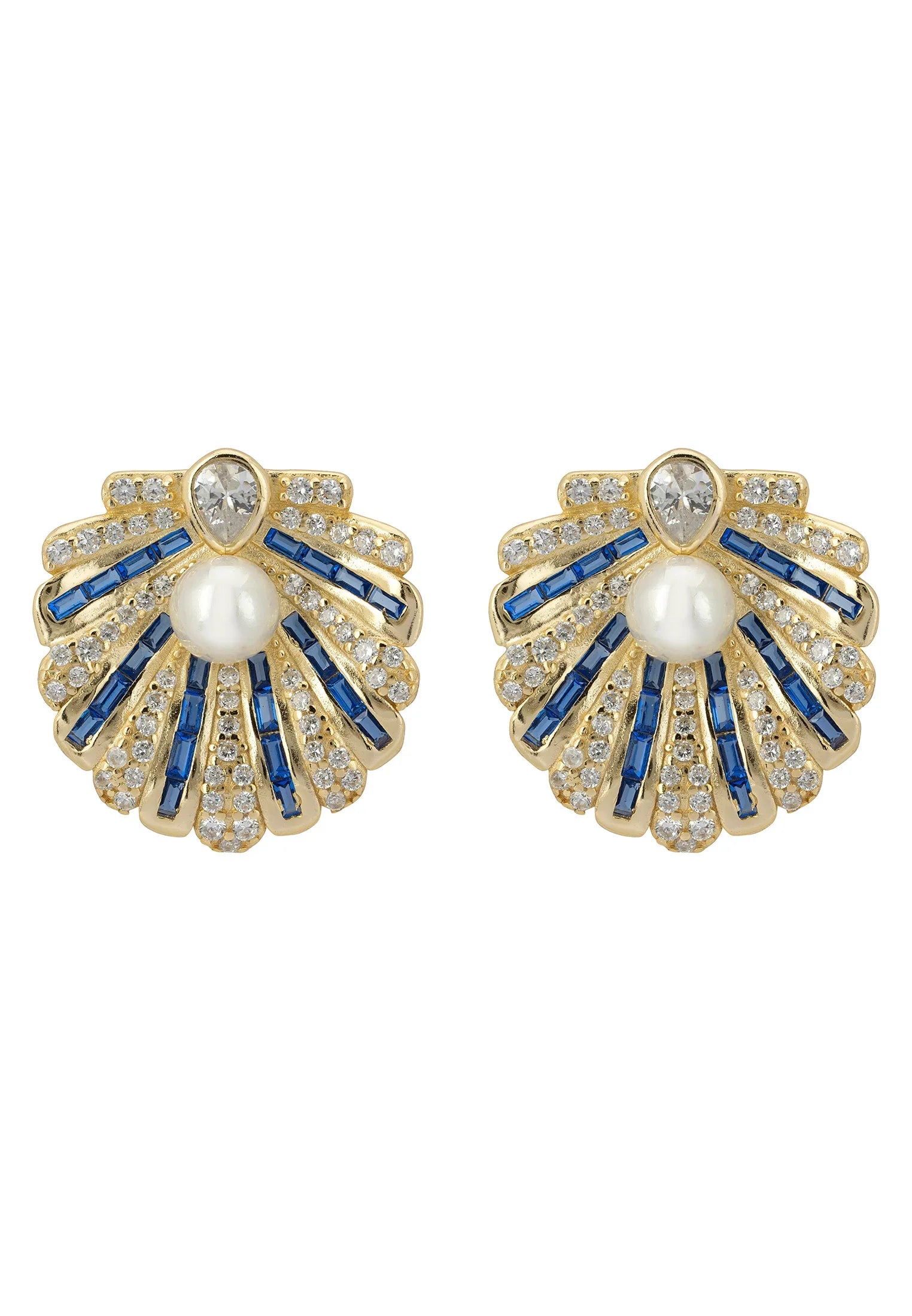 Pendientes de concha de vieira Art Déco azul zafiro con oro perla