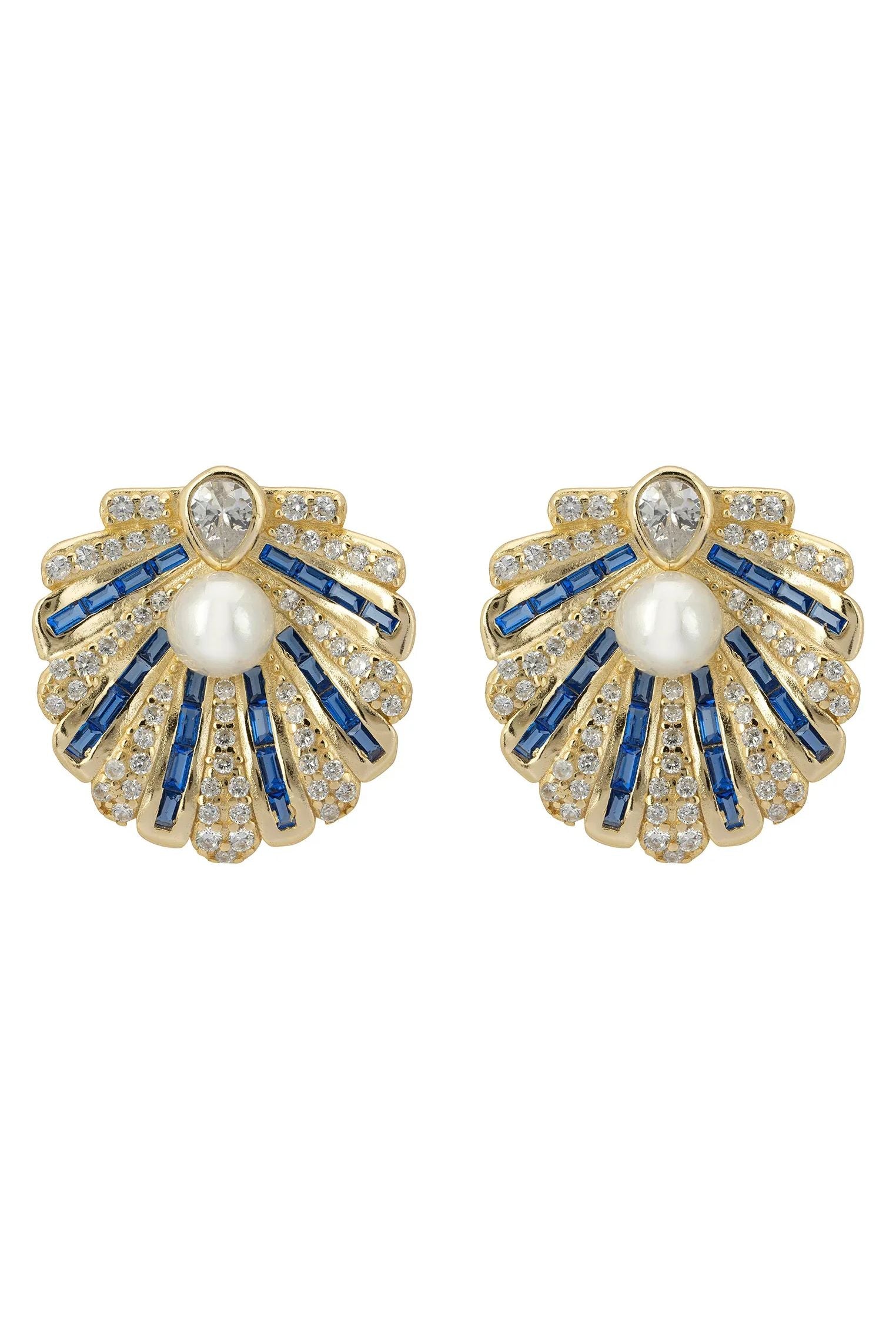 Art Deco Scallop Shell Earrings Sapphire Blue With Pearl Gold