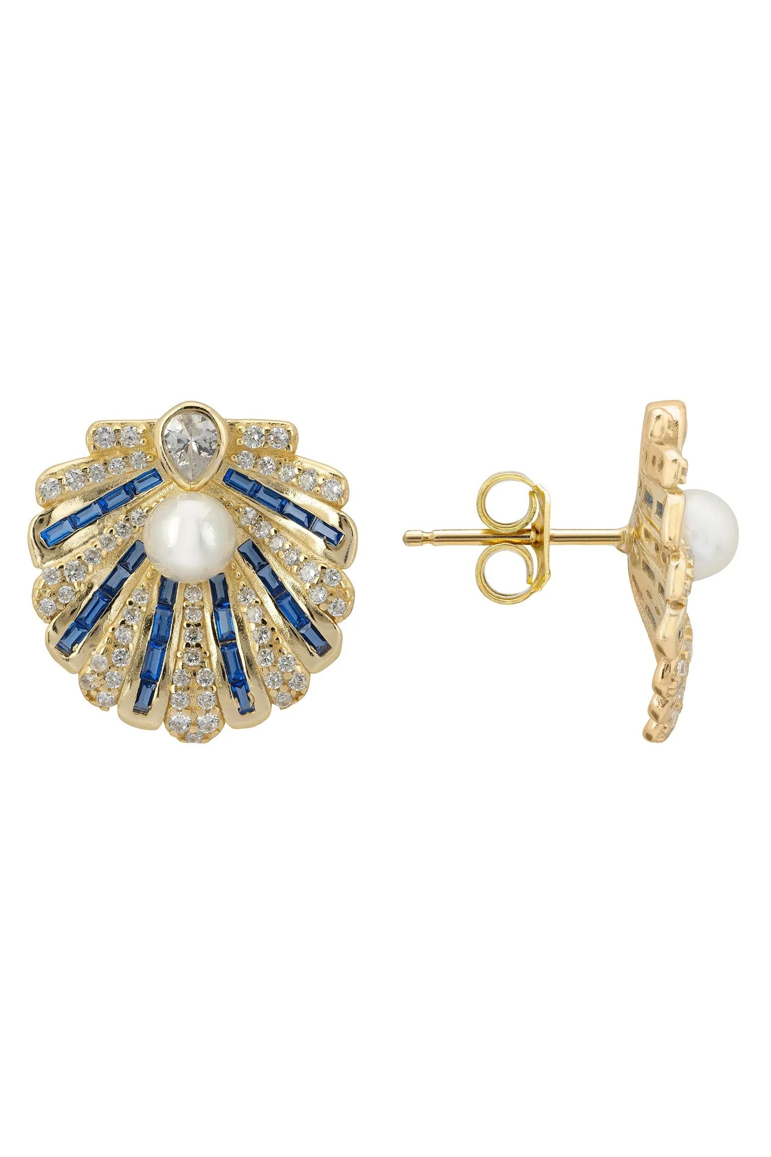 Art Deco Jakobsmuschel Ohrringe Saphirblau mit Perle Gold