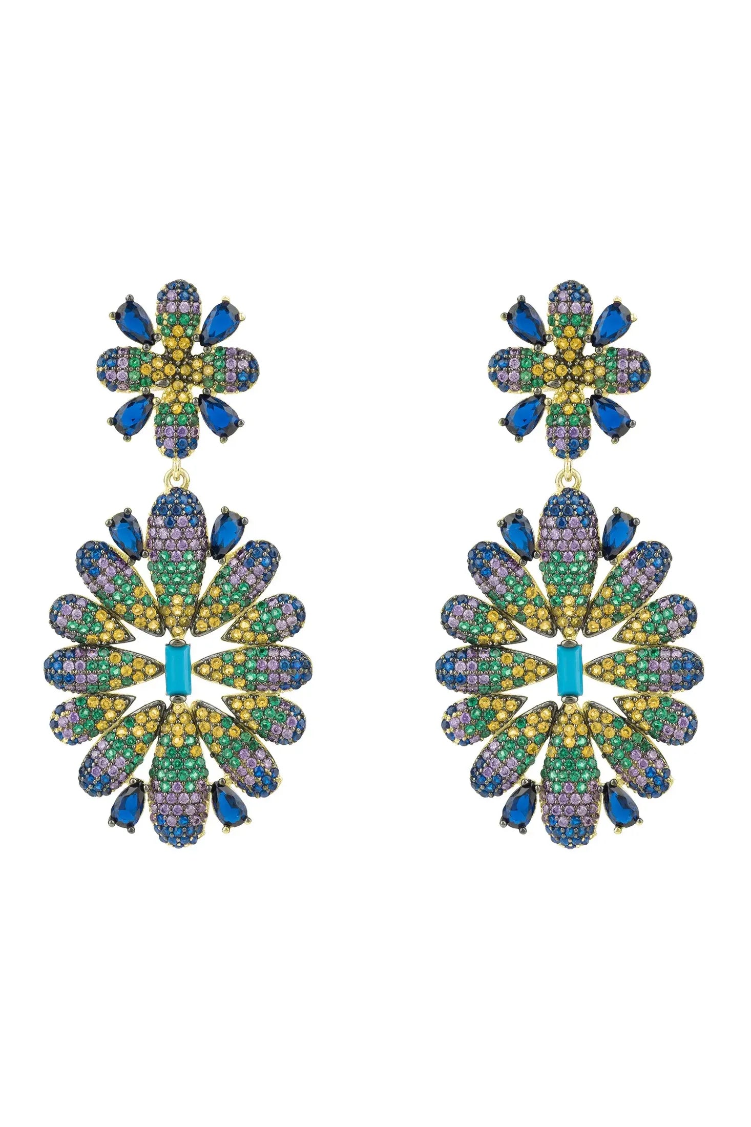 Front view of Babylon Multicoloured Flower Drop Earrings Gold, showing flower design, turquoise detailing, gold finish.