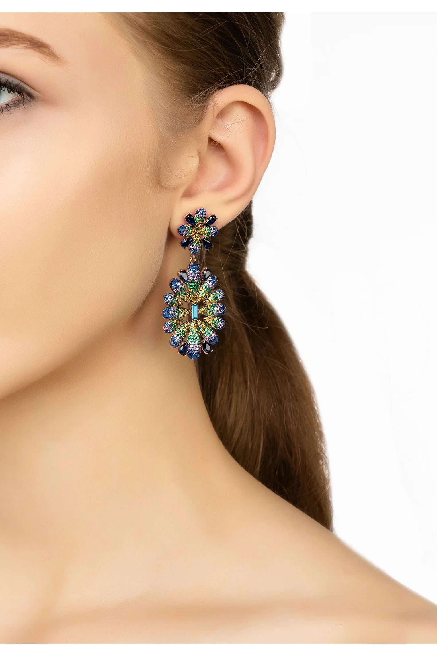 Pendientes colgantes Babylon con flores multicolores en Oro