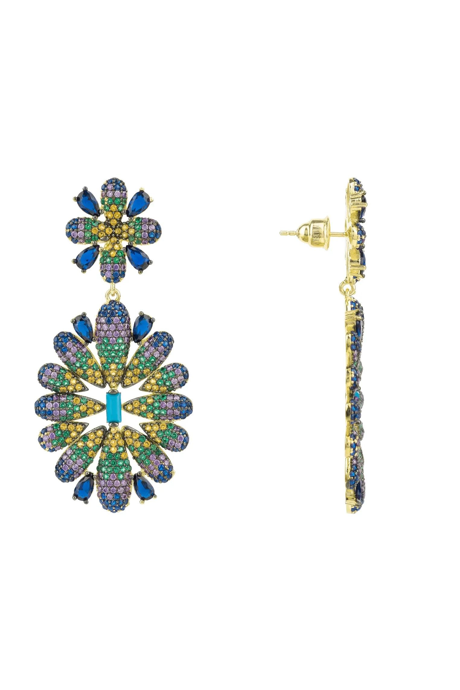 Pendientes colgantes Babylon con flores multicolores en Oro