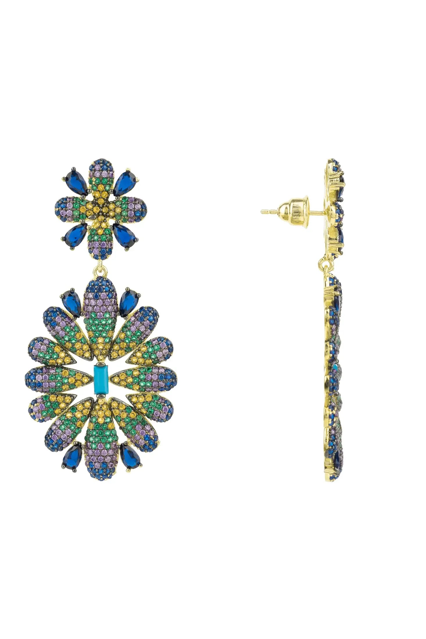 Angled view of Babylon Multicoloured Flower Drop Earrings Gold, showing flower design, gold finish and the jewellery profile.