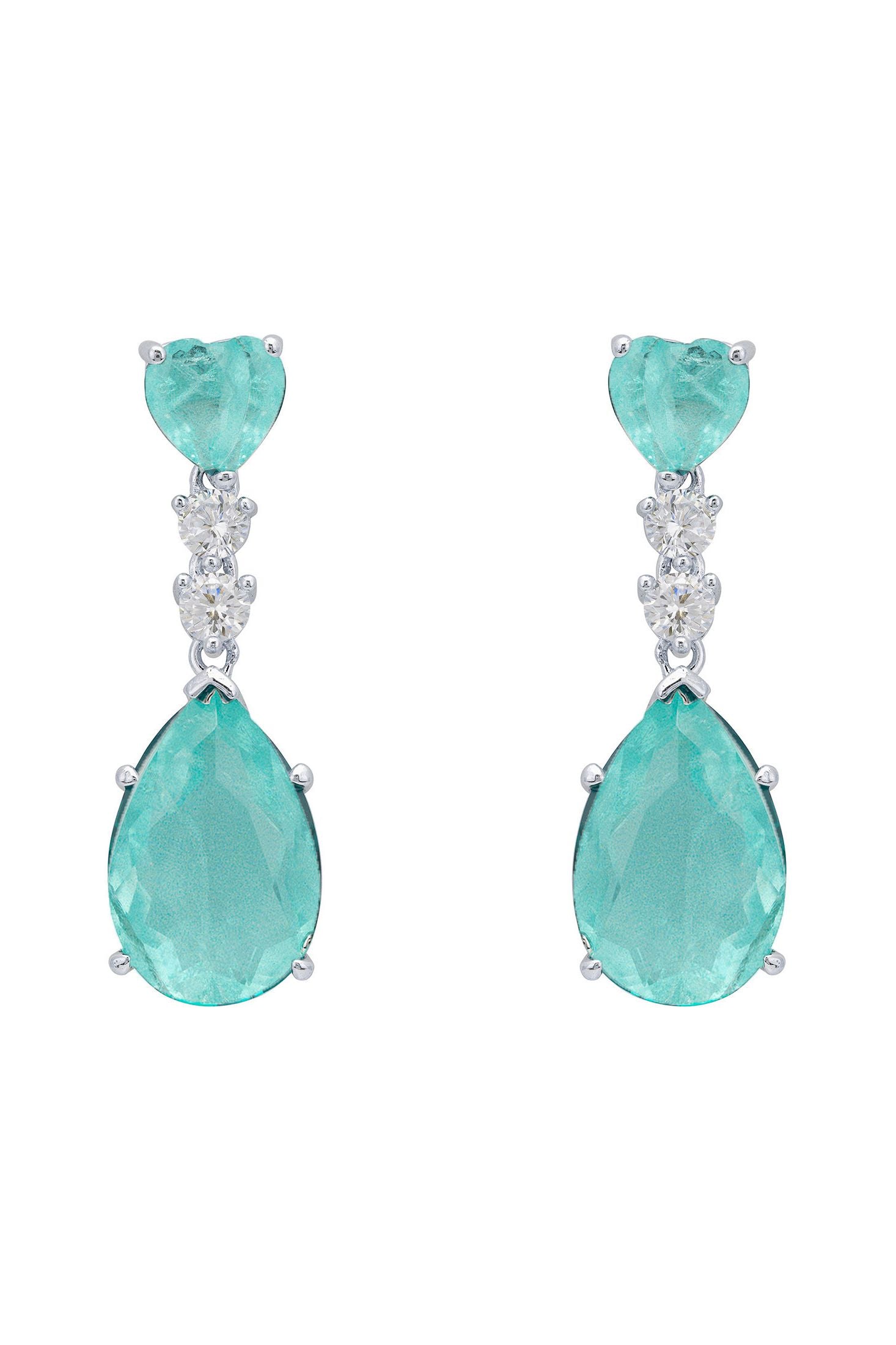 Front view of Augusta Paraiba Tourmaline Teardrop Earrings Silver, showing heart design, silver finish.