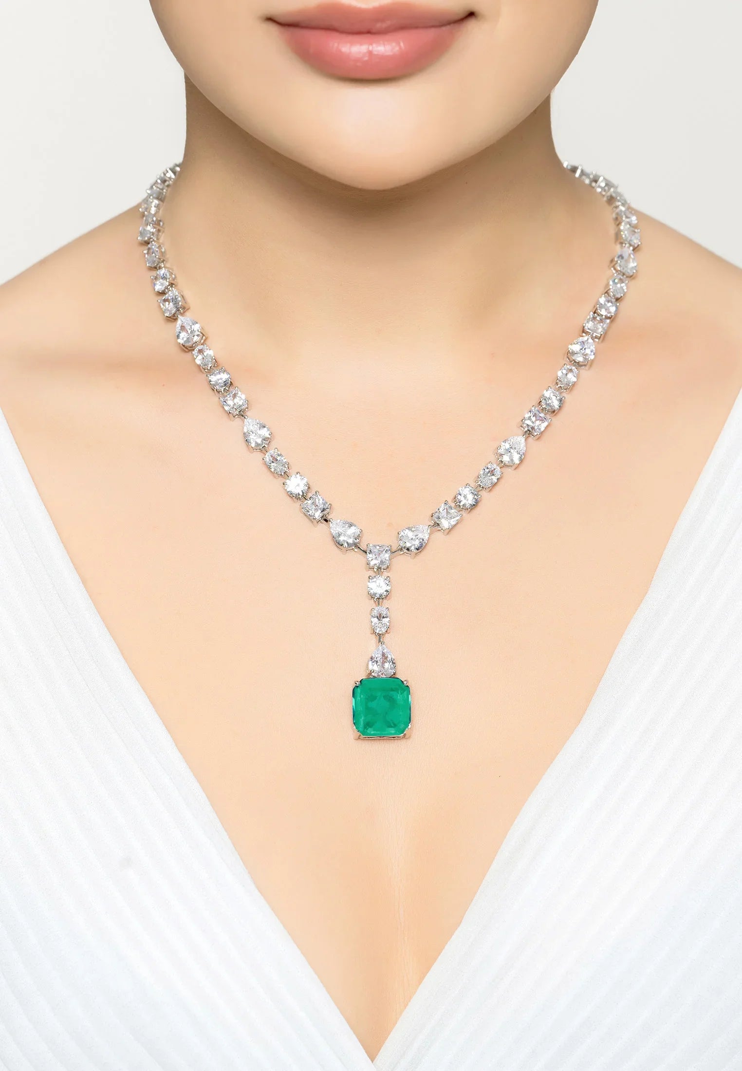 The necklace worn by a model.
