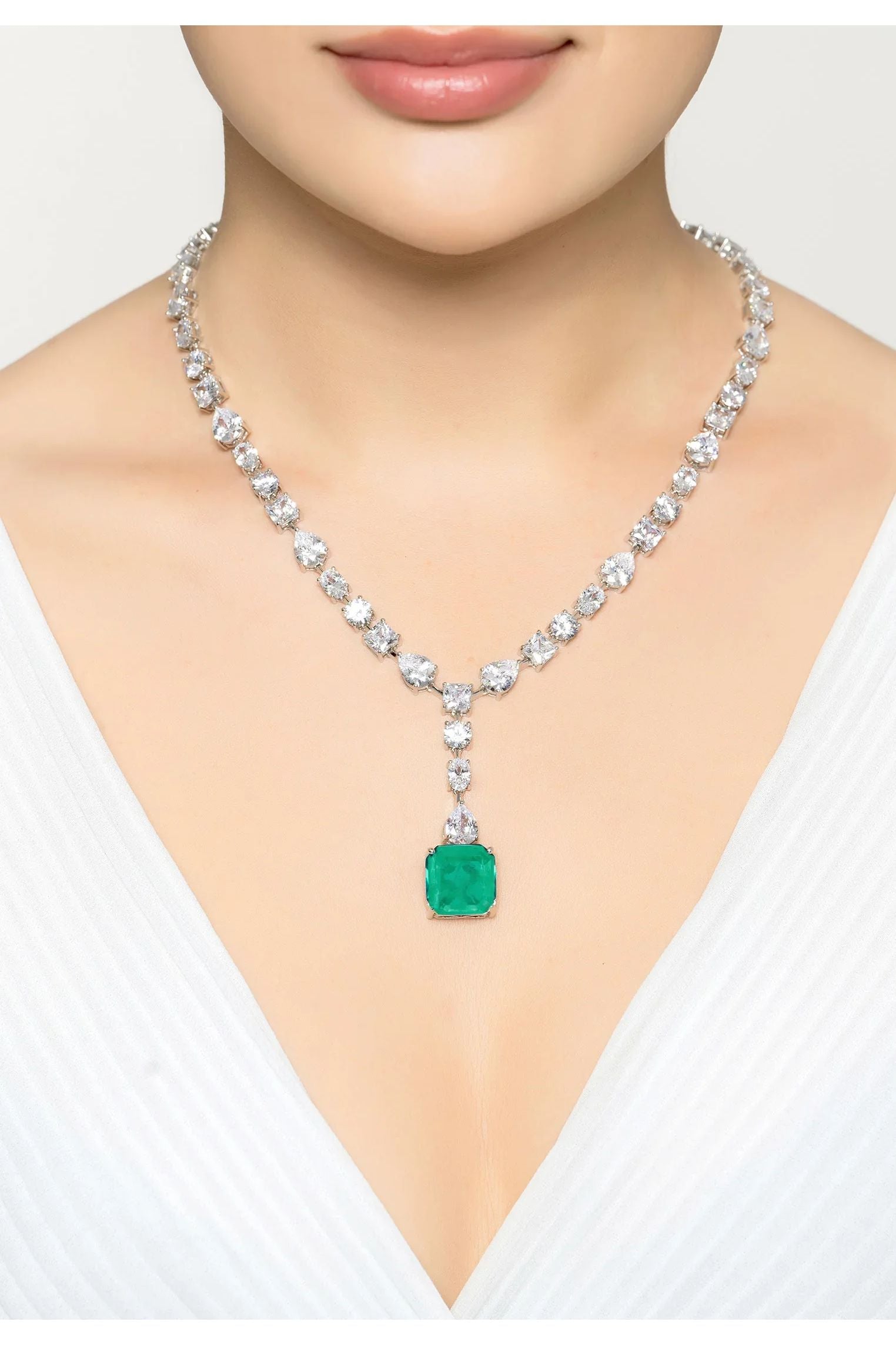 The necklace worn by a model.