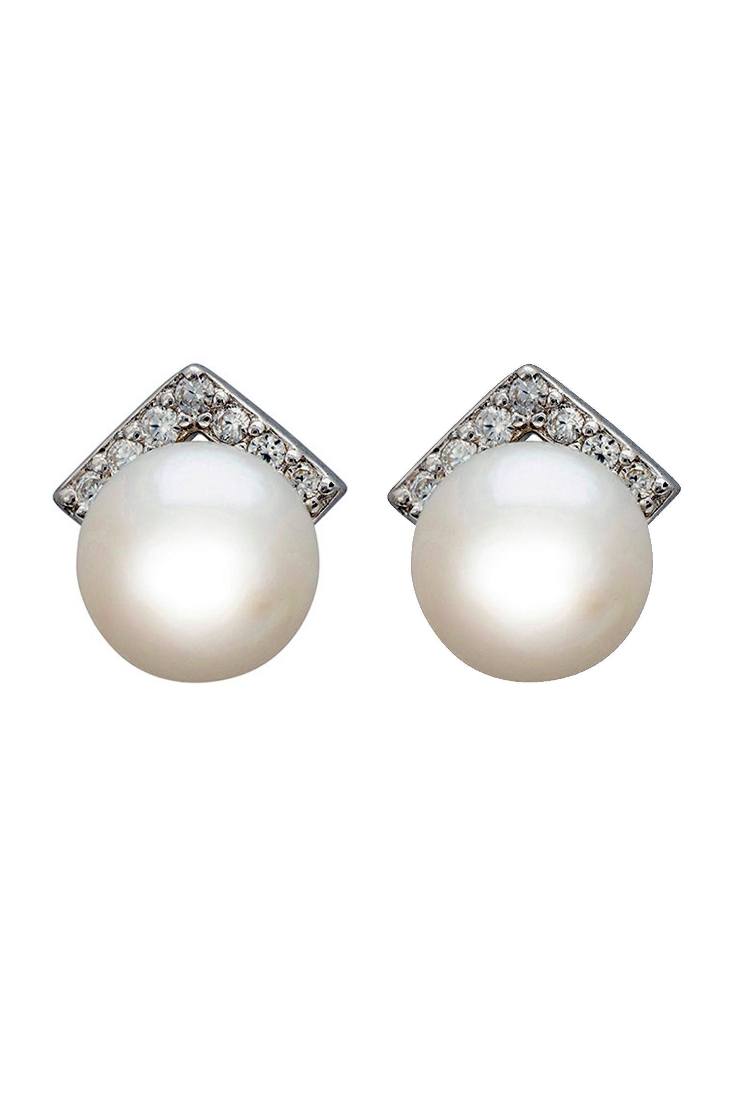 Front view of Pearl Angular Stud Earrings Silver, showing heart design, cubic zirconia and zirconia detailing, silver finish.