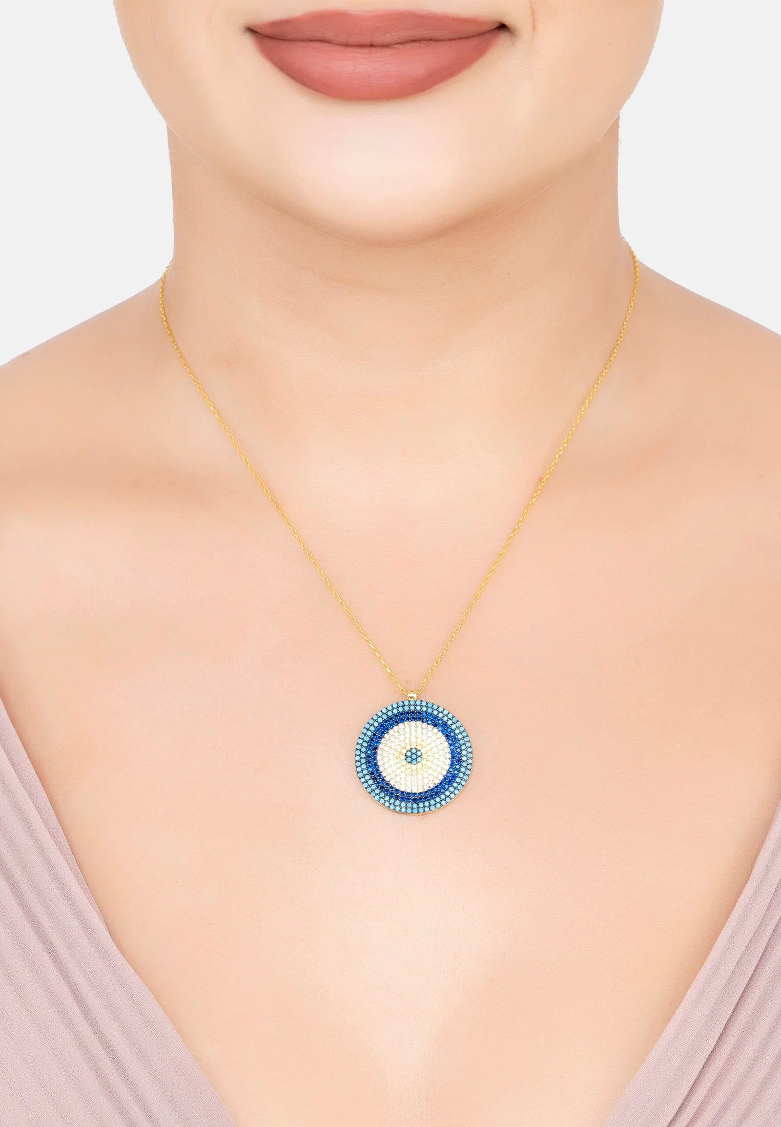 The necklace worn by a model.