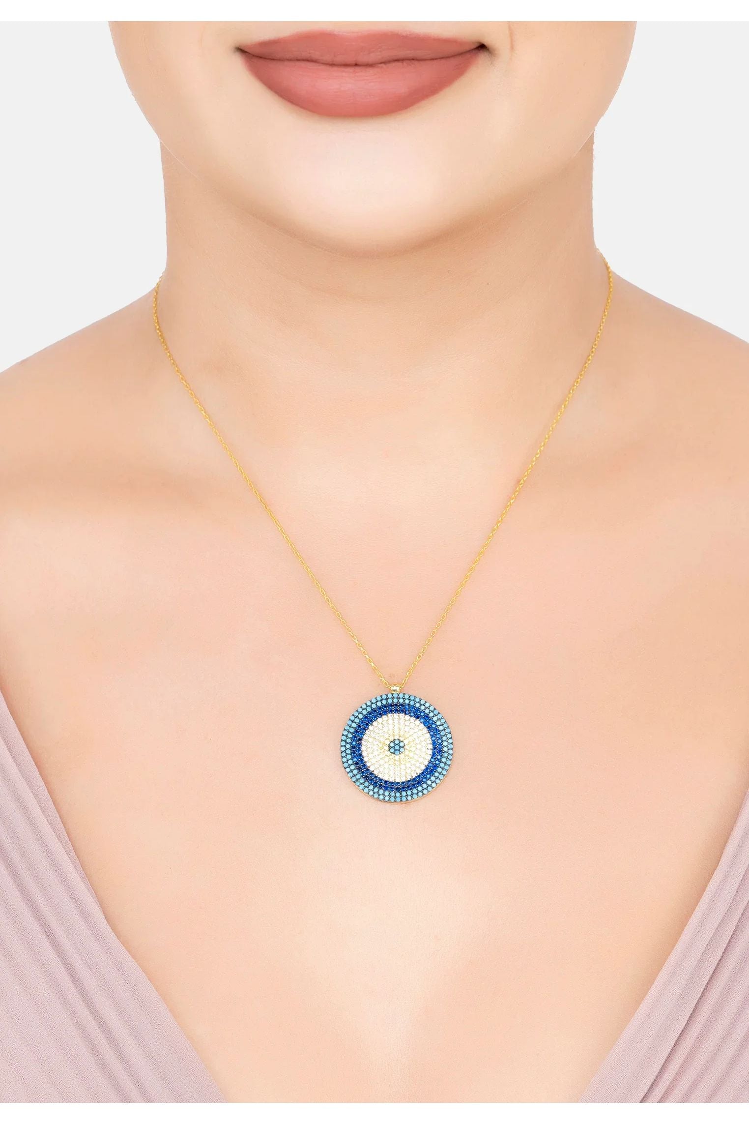 The necklace worn by a model.