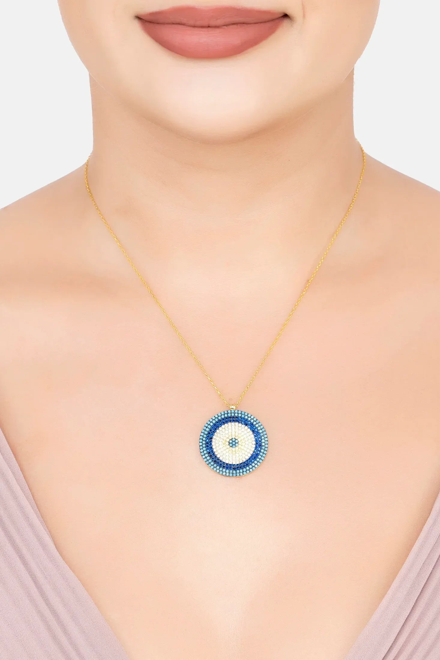 The necklace worn by a model.