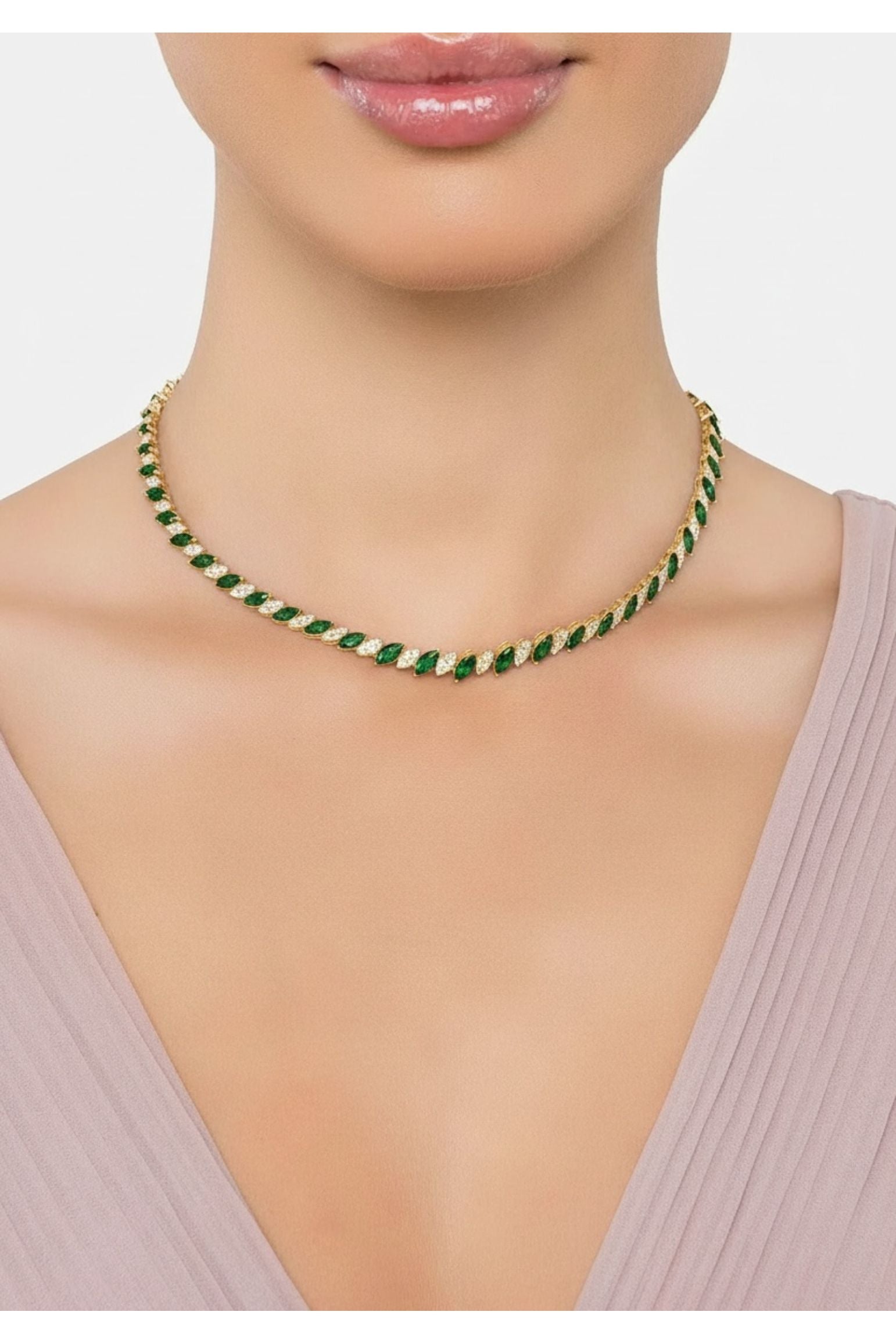 Green beaded necklace on a model against a neutral background