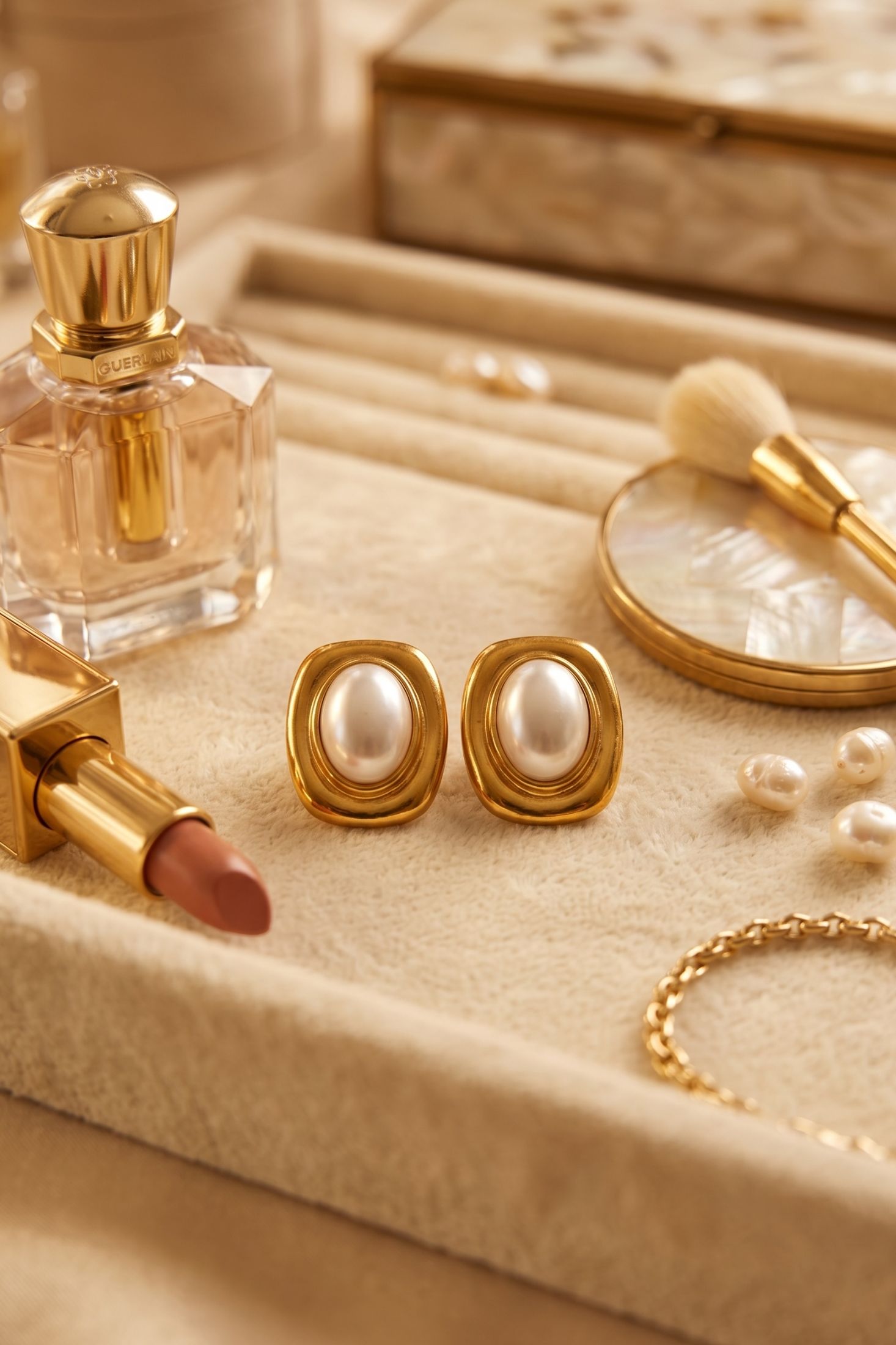 Angled view of Carrington Oval Pearl Knot Earrings Gold, showing pearl detailing, gold finish and the jewellery profile.