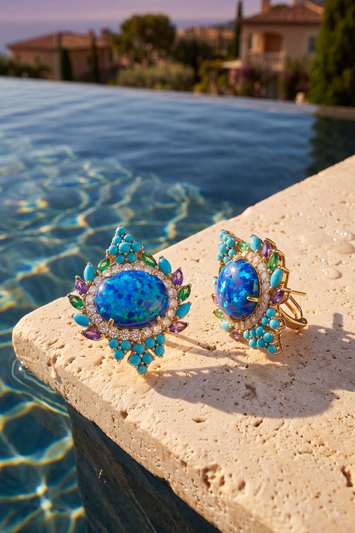 Angled view of Francesca Blue Opal Stud Earrings Gold, showing gold finish and the jewellery profile.