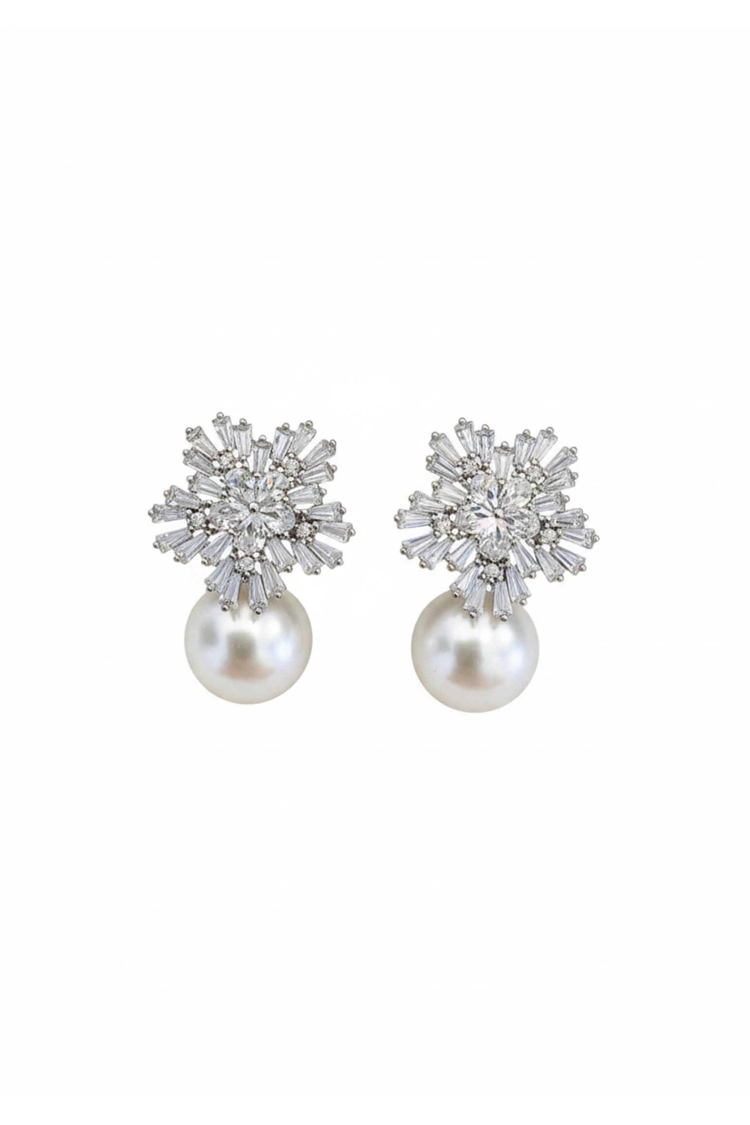 Starburst Flower Pearl Sparkle Earrings Silver