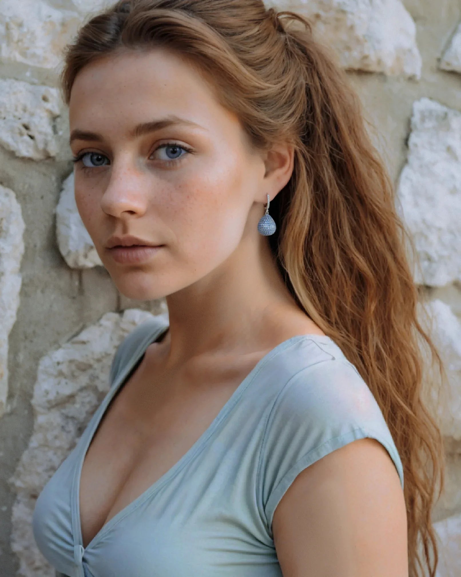 The earring worn by a model.