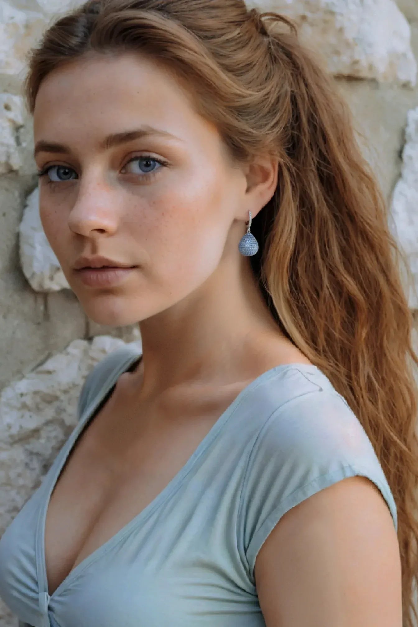 The earring worn by a model.