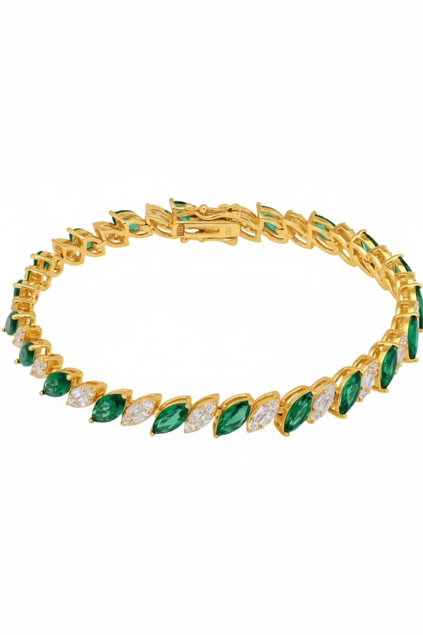 18k gold plated marquise cut tennis bracelet with alternating emeralds and simulated diamonds.