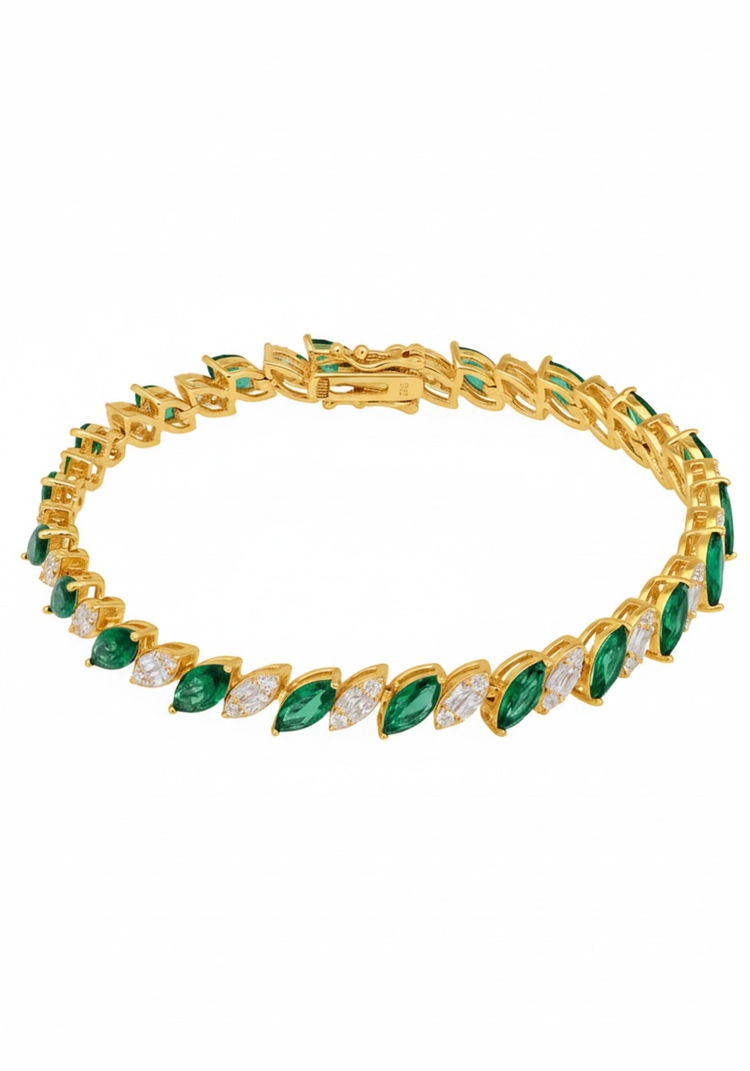 18k gold plated marquise cut tennis bracelet with alternating emeralds and simulated diamonds.