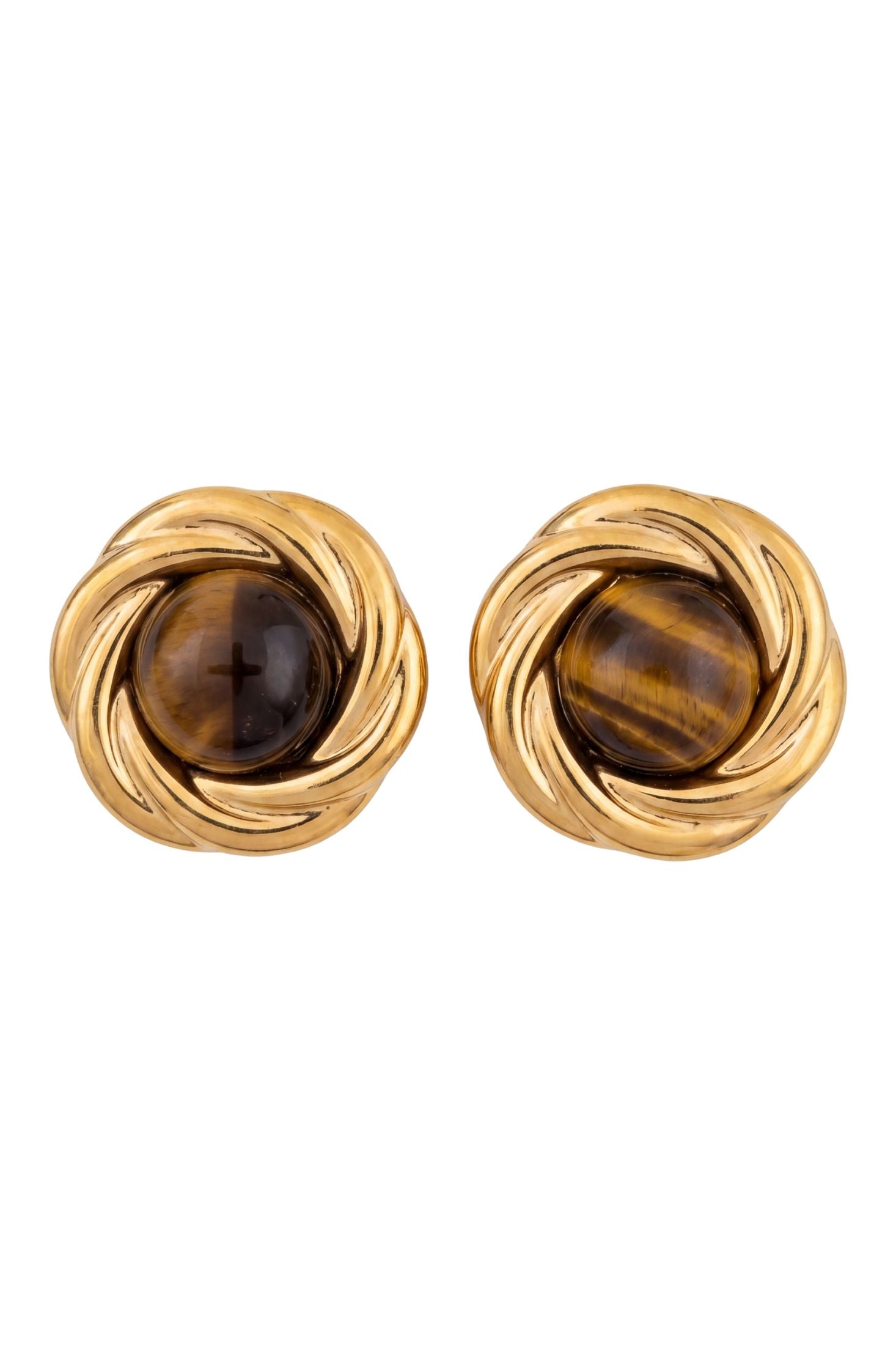 Front view of Dynasty Tigers Eye Knot Stud Earrings Gold, showing bee design, gold finish.