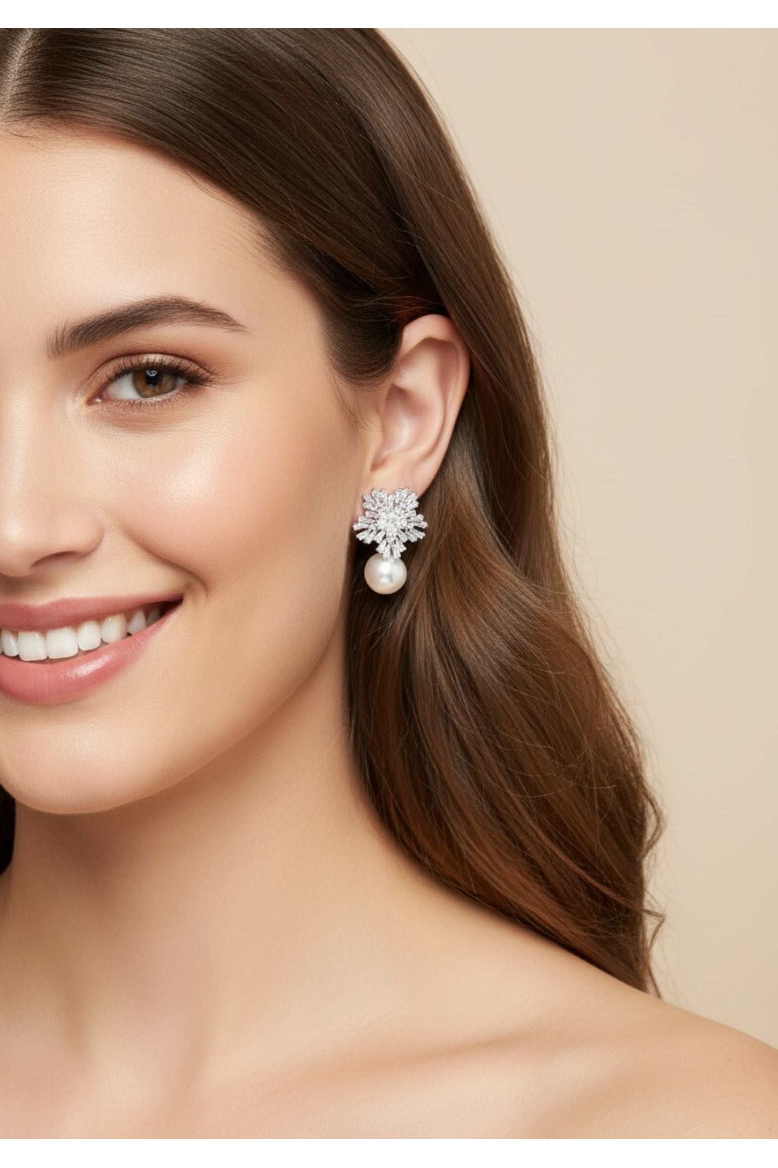 Starburst Flower Pearl Sparkle Earrings Silver